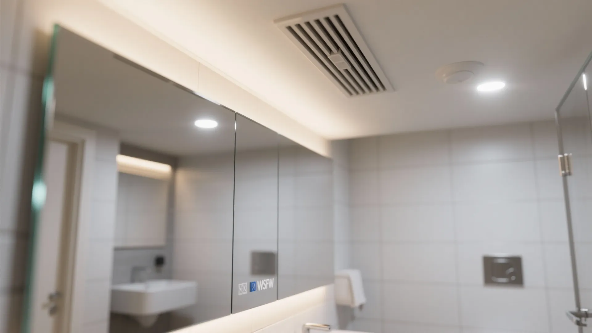 Modern bathroom mirror cabinet with hidden LED lighting strips and a white ceiling air vent