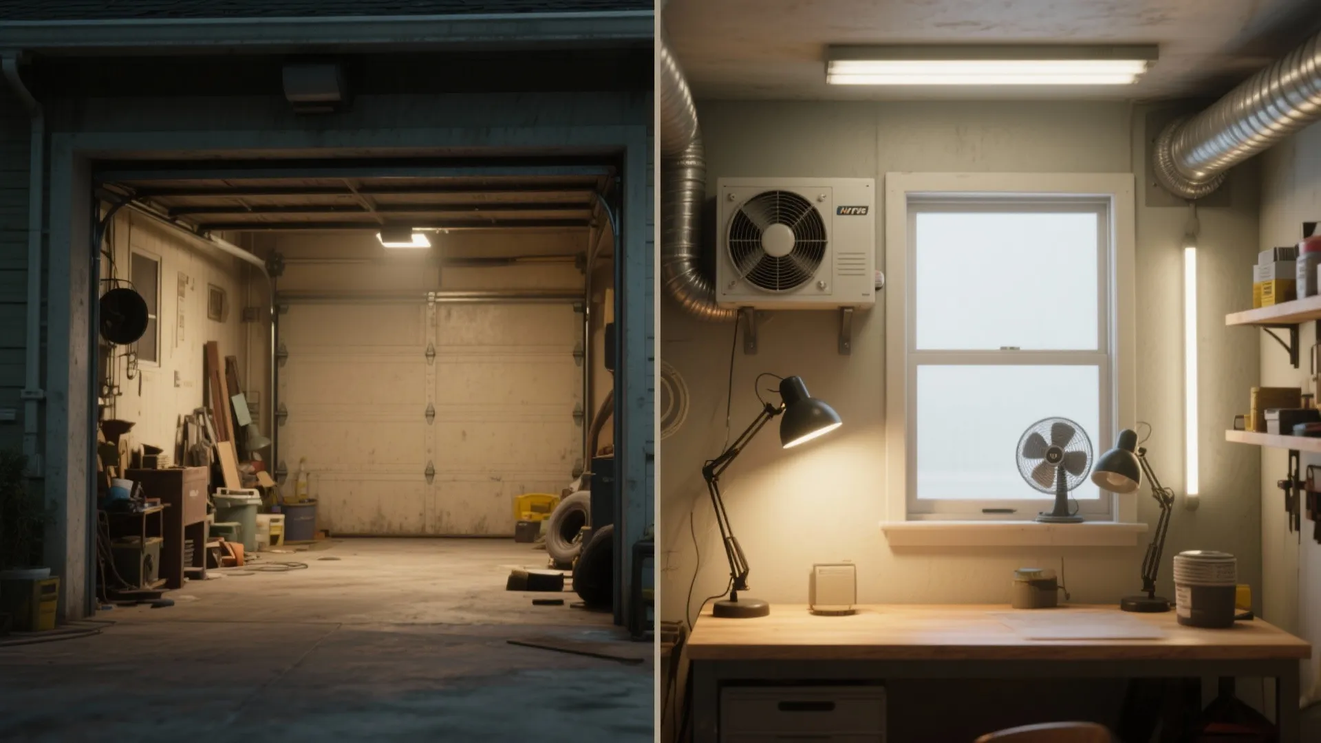 Before and after comparison showing a dark empty garage versus a bright ventilated home workspace