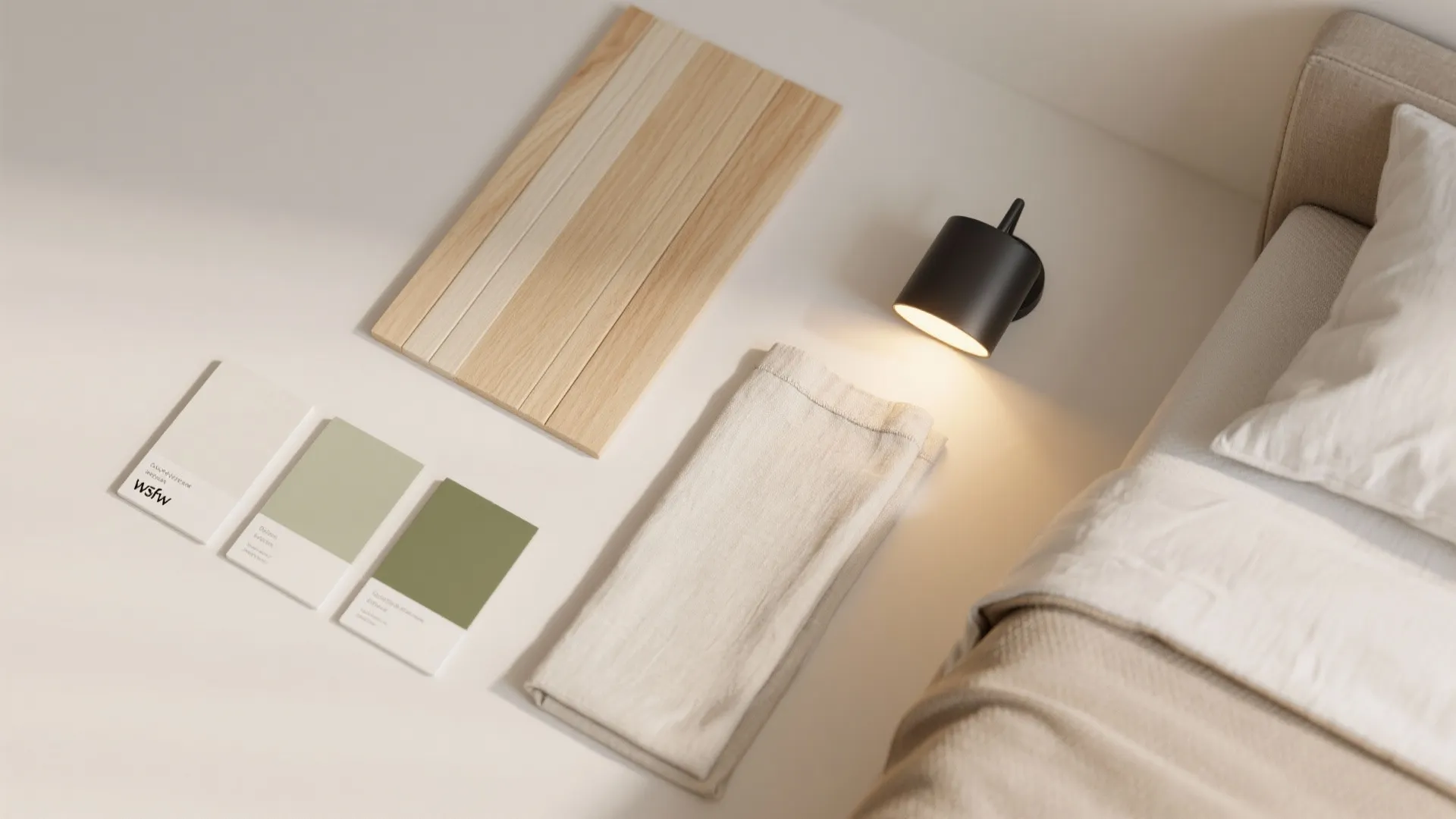 Interior design mood board with wood panel green paint samples beige fabric and black wall light