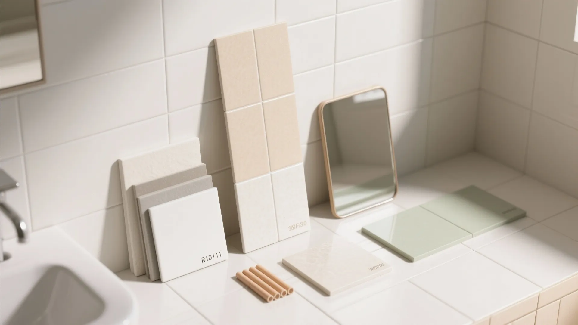 Collection of bathroom wall tiles in various colors and textures displayed near a small makeup mirror