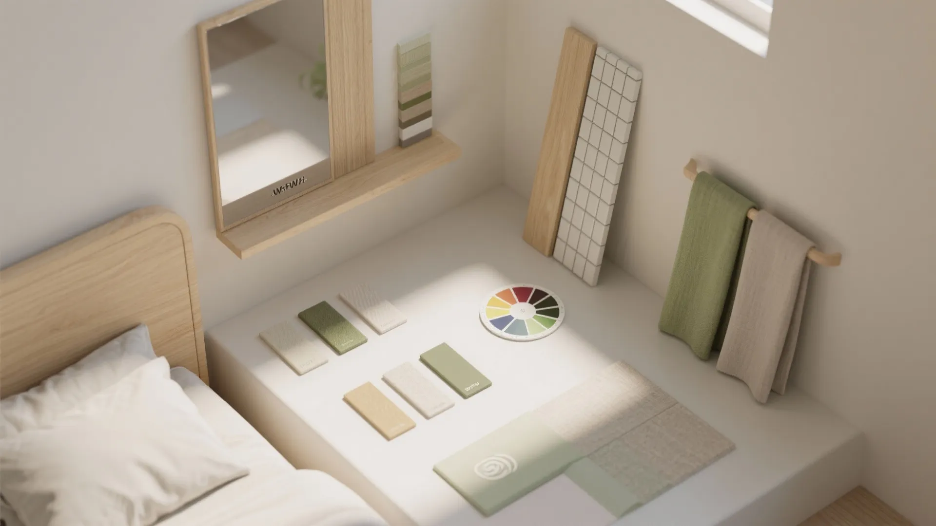 Flatlay of light wood, slim headboard, mirror and fabric swatches illustrating vertical and light-material design choices.