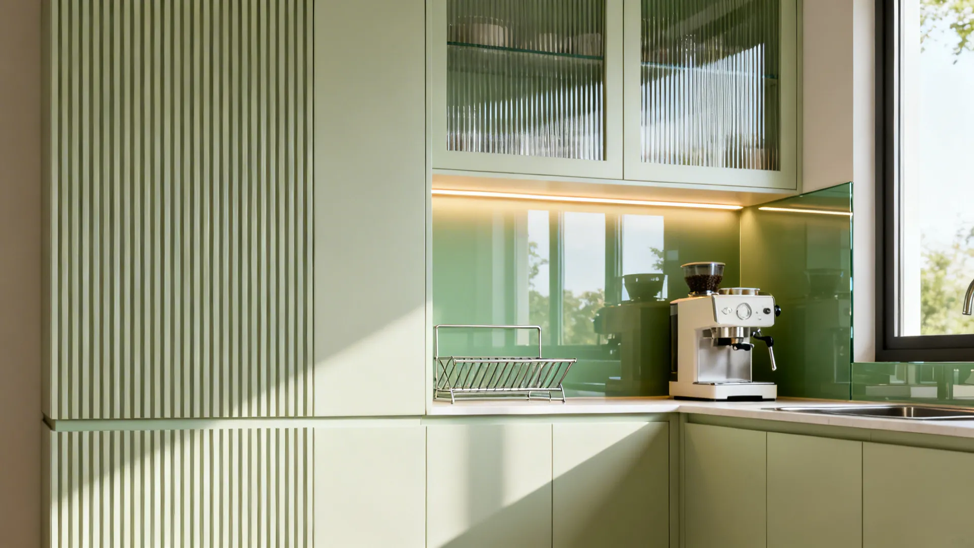 Light satin cabinets with vertical slats, ribbed glass doors, and a glossy glass backsplash with warm LEDs.