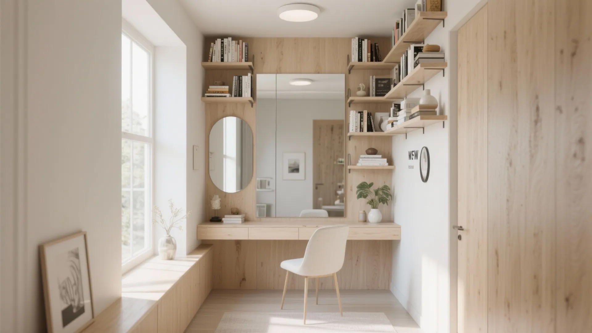 Small room with high shelves and mirrors to brighten space