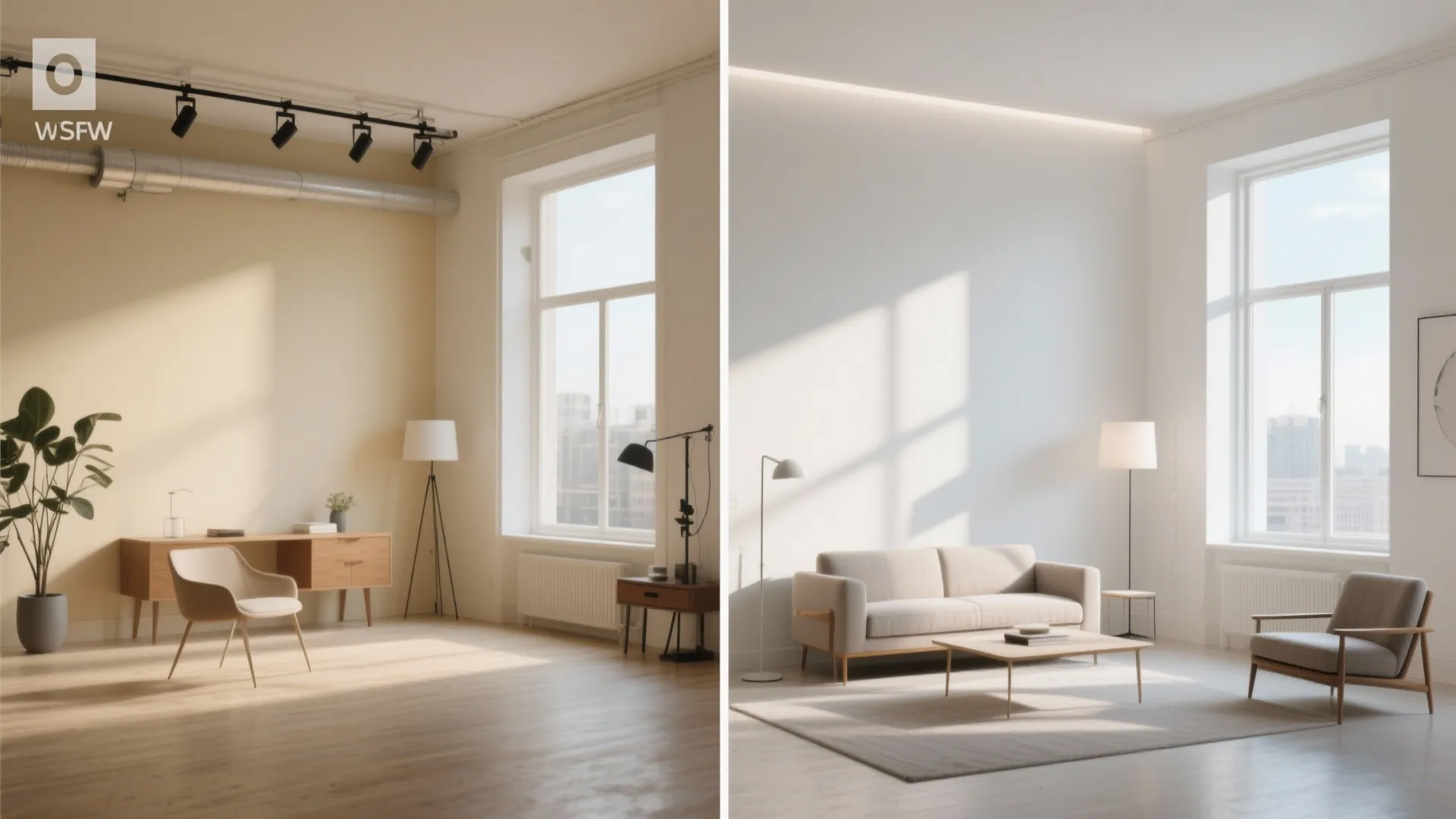Before-and-after comparison showing north-facing warm cream wall vs south-facing cool white in identical rooms under different light.