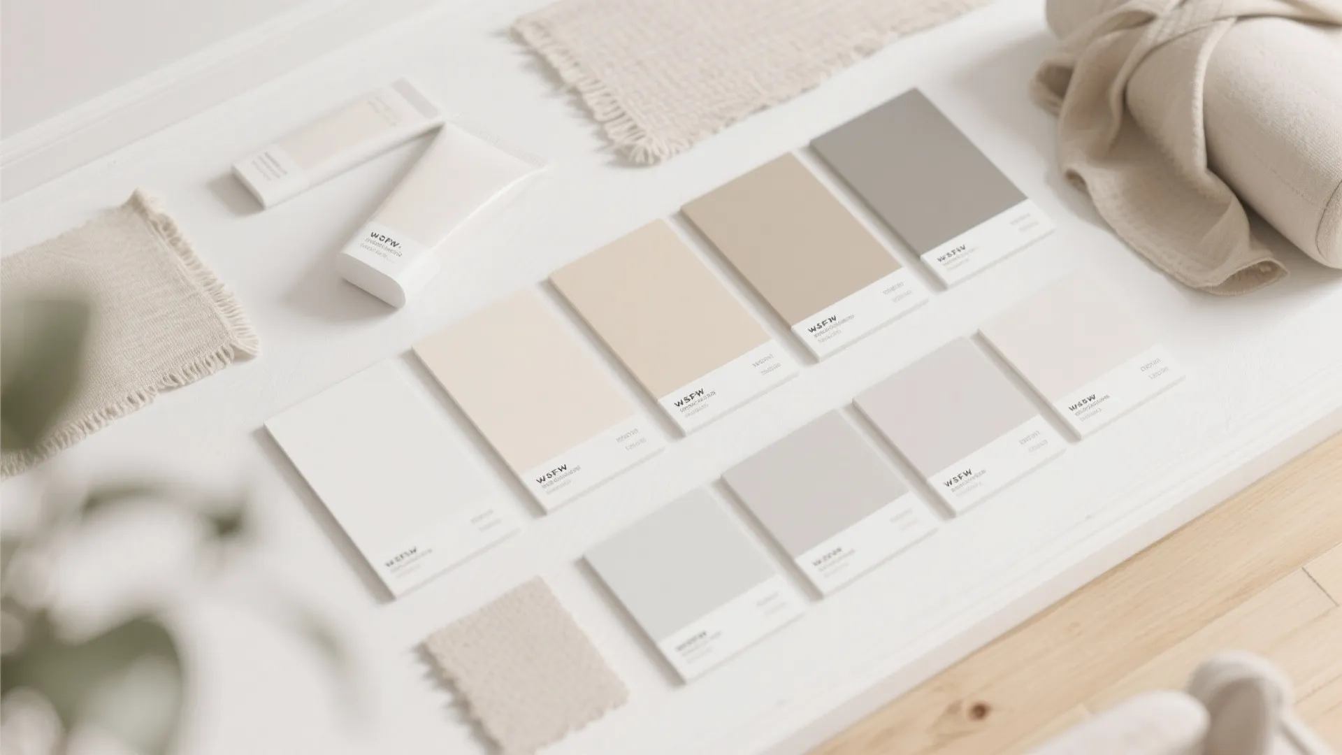 Various neutral paint color cards and fabric samples arranged on a white surface for home
