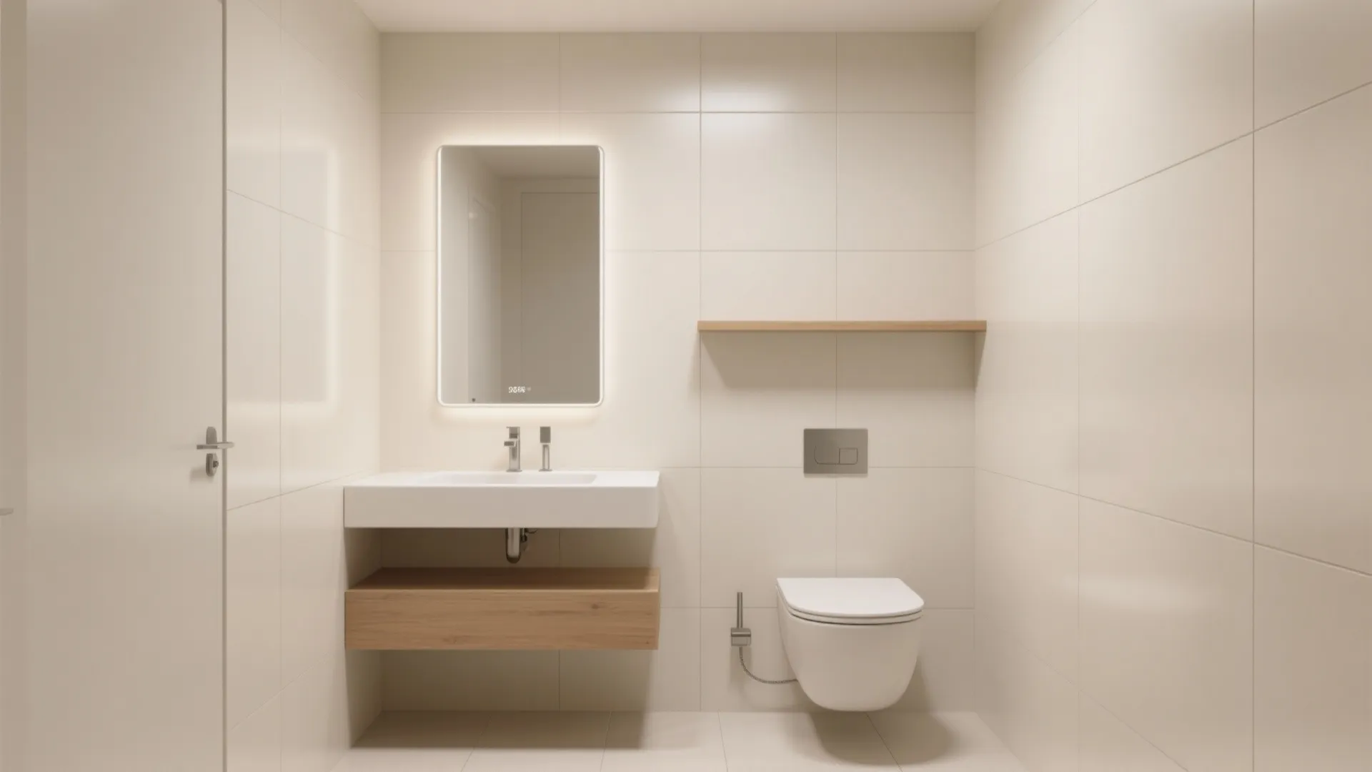 Modern beige bathroom with white sink wooden shelf lighted mirror and white toilet on wall