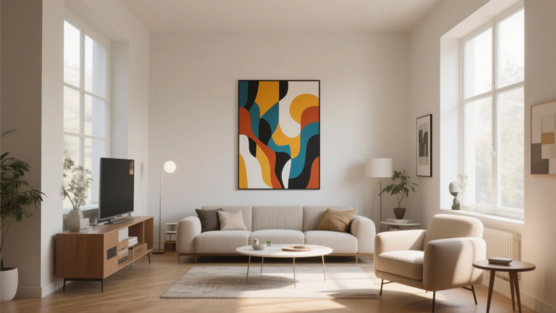 Bright living room with colorful abstract wall art beige sofa arm chair and large windows