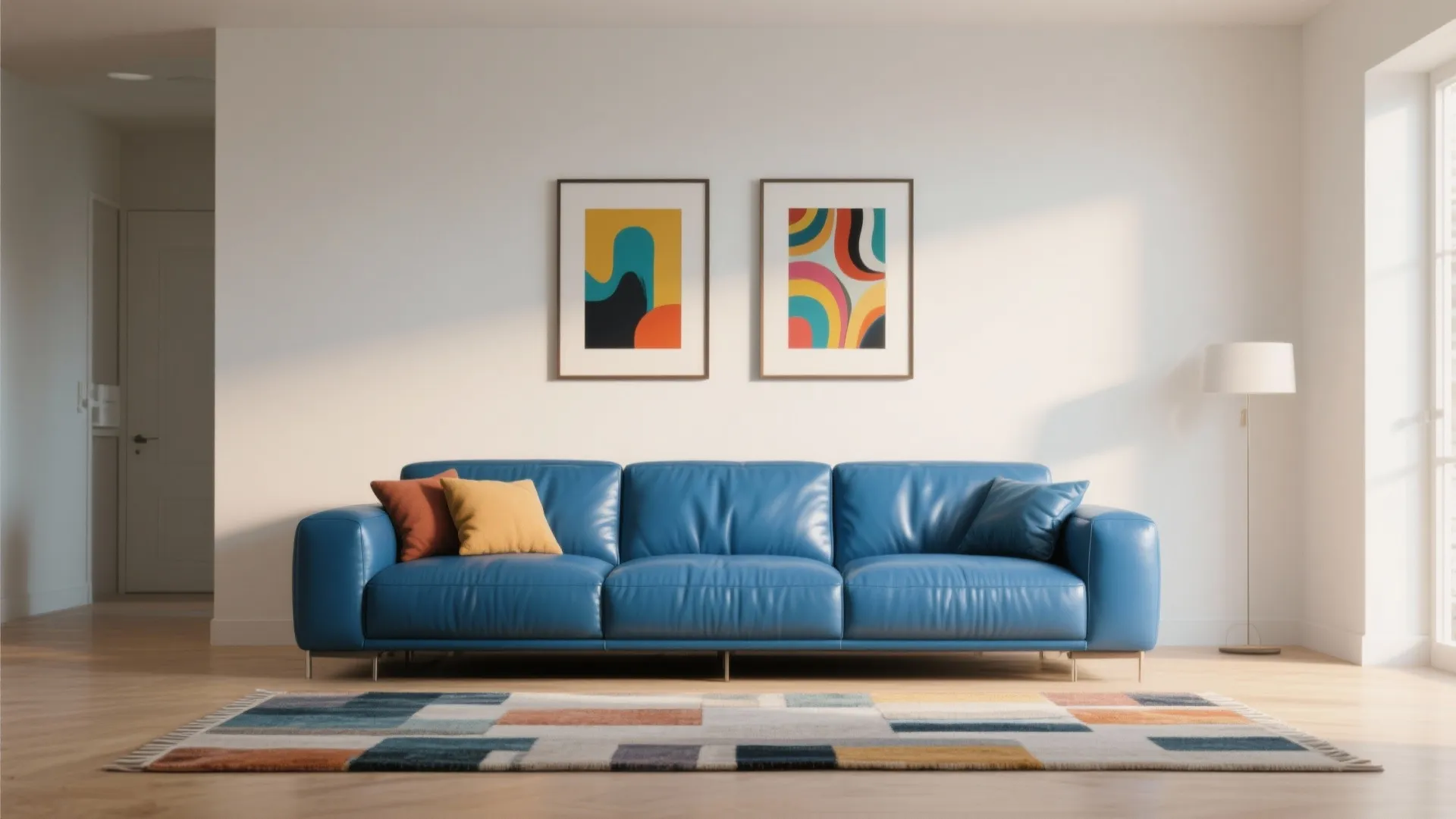 Blue leather sofa on pale warm-white walls with two colorful art pieces and complementary cushions