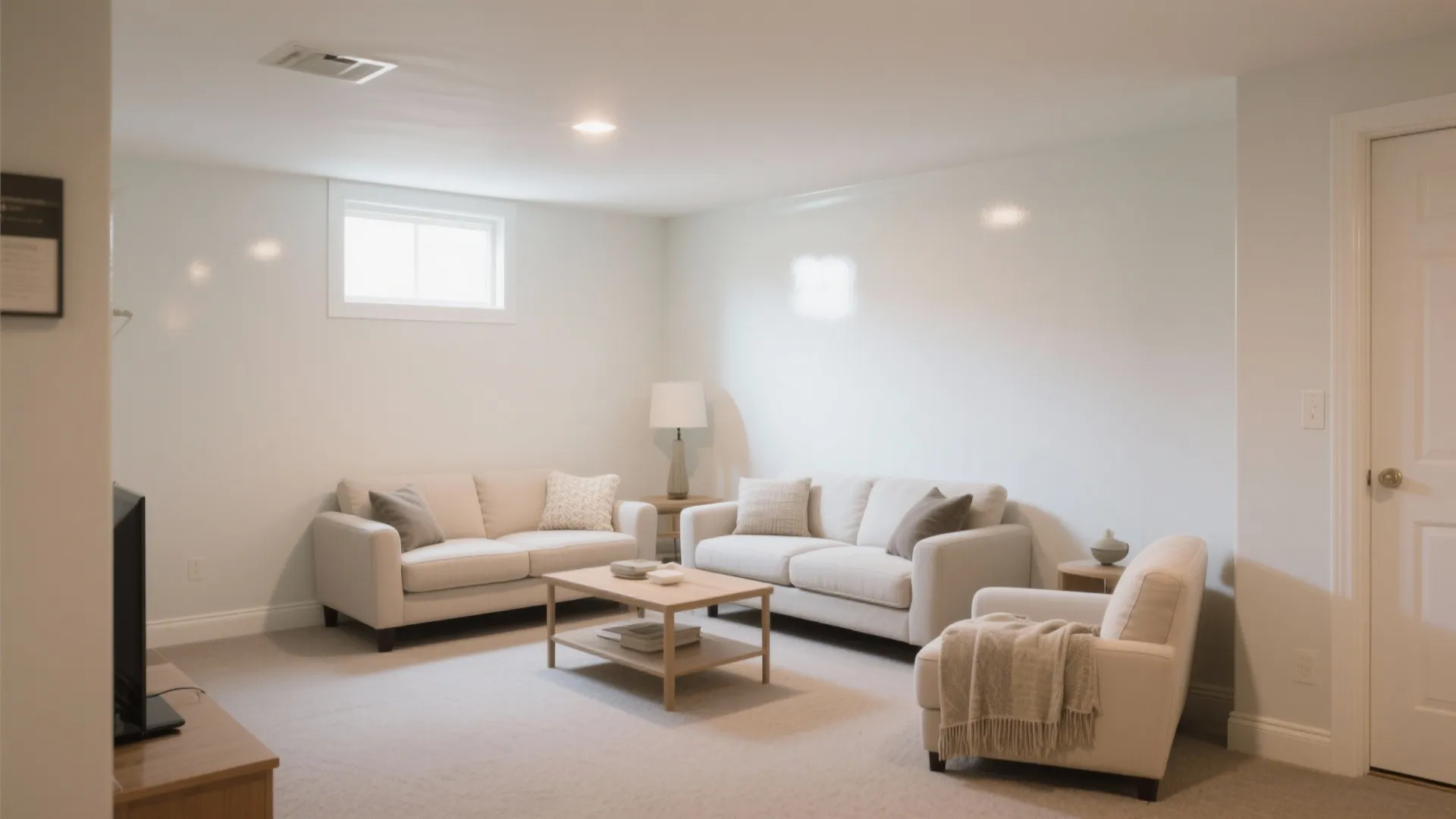 Bright basement living room with white sofas, wooden coffee table, small window, and light flooring
