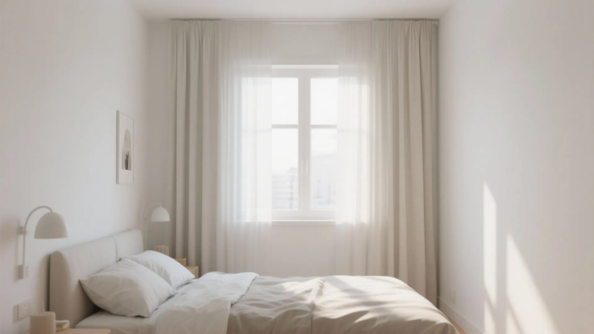 Minimalist white bedroom interior with comfortable bed wall light neutral curtains and large bright windows
