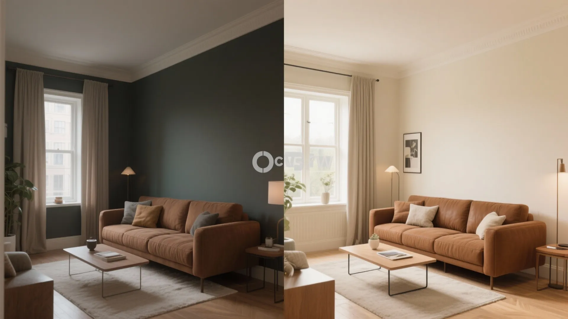 Before and after showing light walls making room bigger