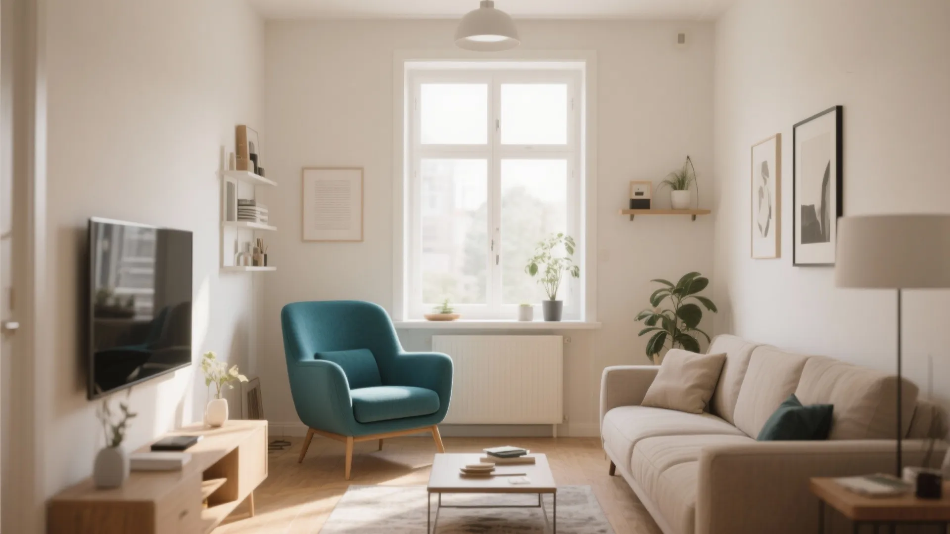 Bright living room with white walls teal armchair beige sofa wooden coffee table and natural light