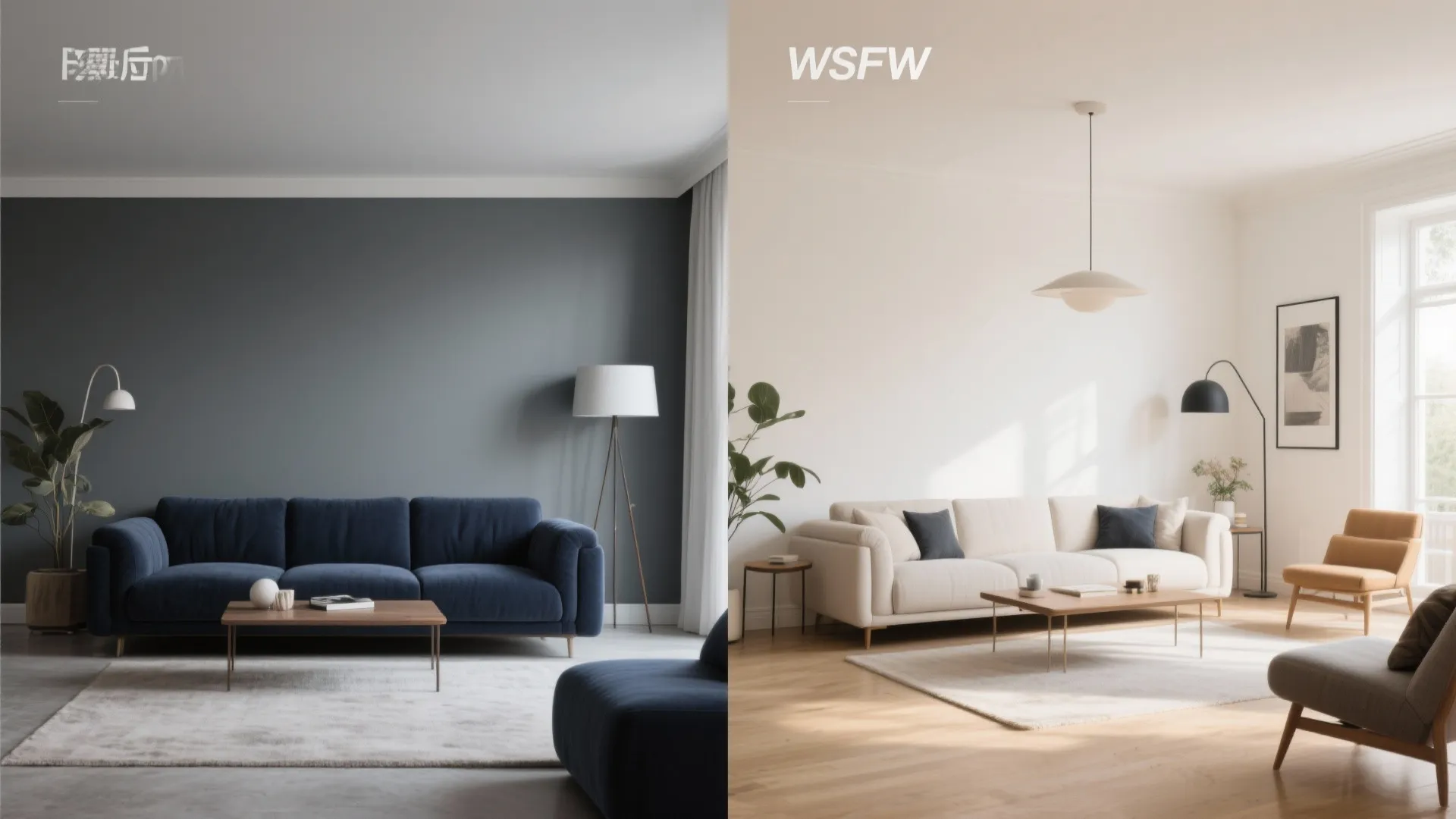 Before and after comparison of dark blue living room versus bright white interior design style