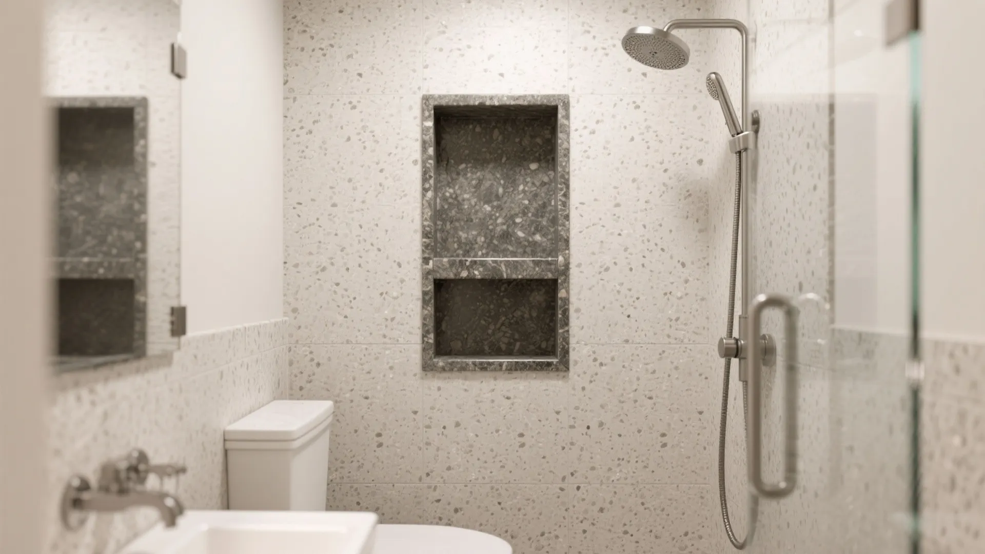 Compact shower with light granite walls and a contrasting dark granite storage niche.