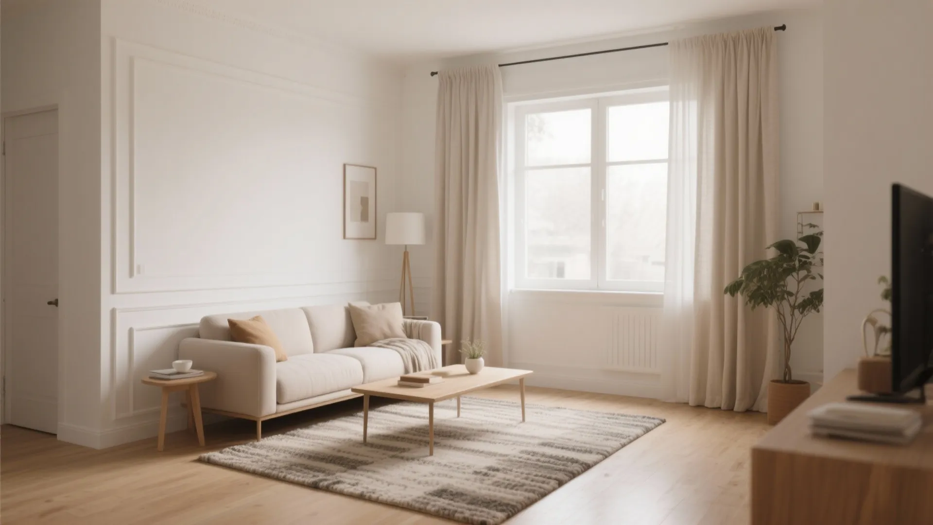 Bright living room featuring white sofa wooden coffee table patterned rug large window and floor lamp