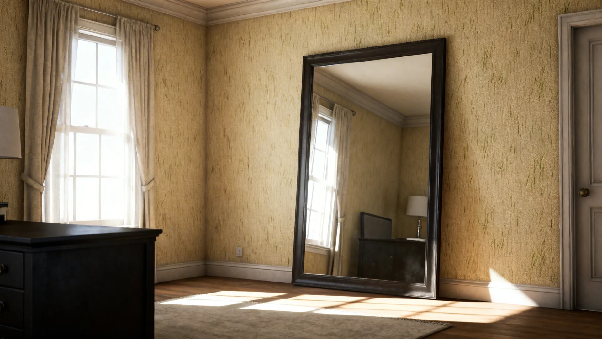 Small bedroom with light warm-toned walls, grasscloth texture and a mirror reflecting window light across dark furniture