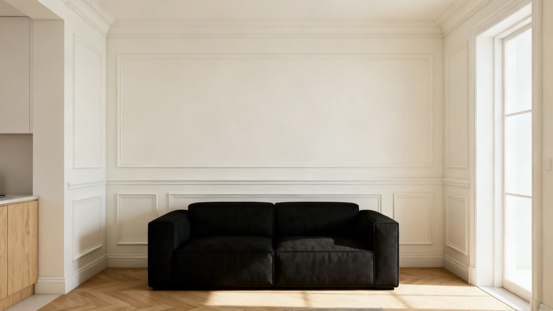 Black sofa in front of light cream walls with crisp architectural molding and pale wood accents.