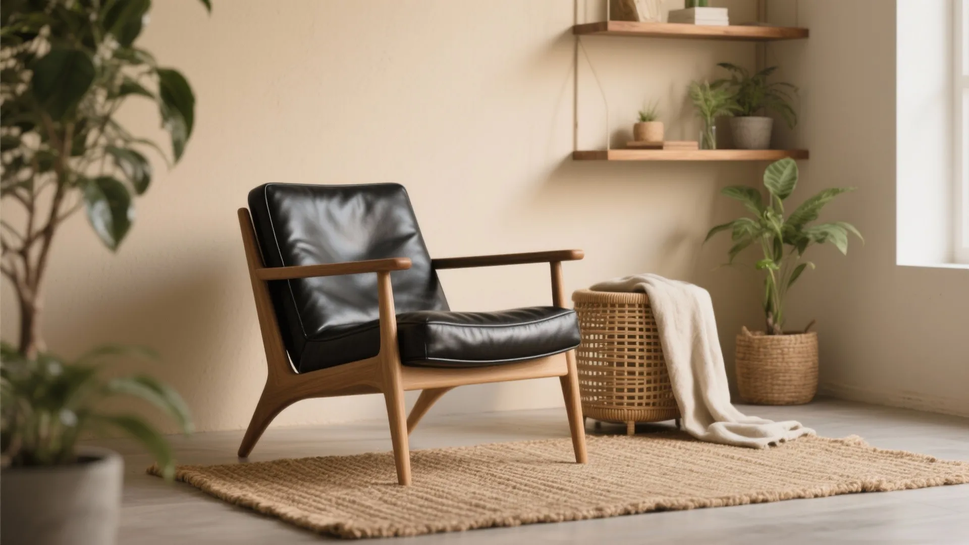 Black leather chair softened by warm light walls and rattan accents with plants and woven rug.