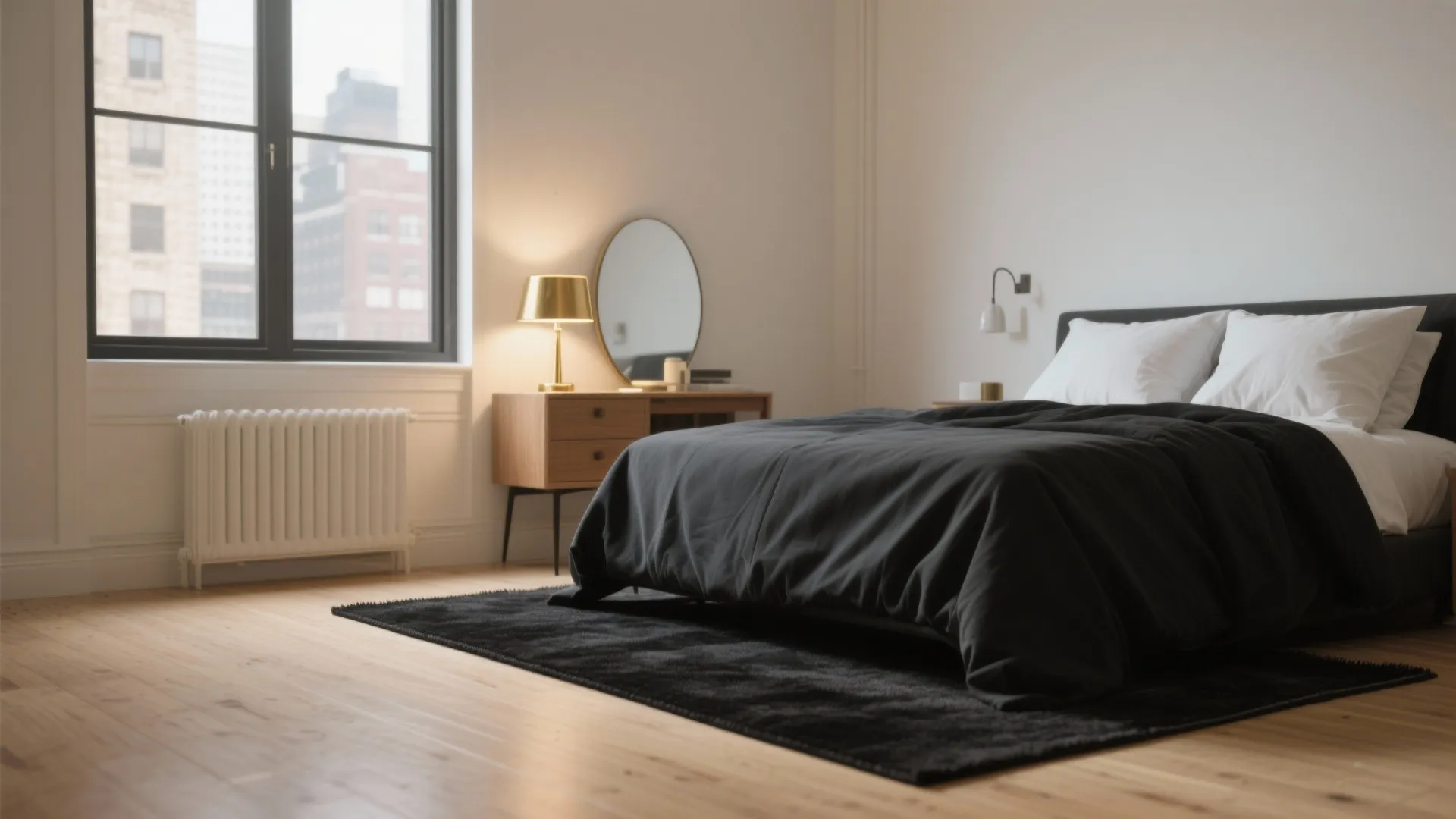 Small studio bedroom with light walls, black rug, and reflective brass and mirrored accents
