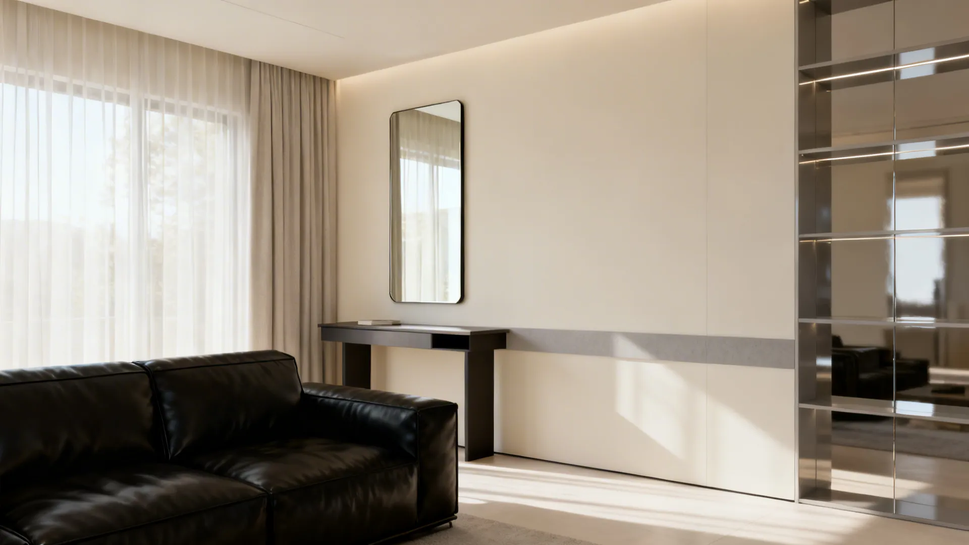 Black leather sofa in a room with warm off-white walls and a slim mirror above a console to bounce light.