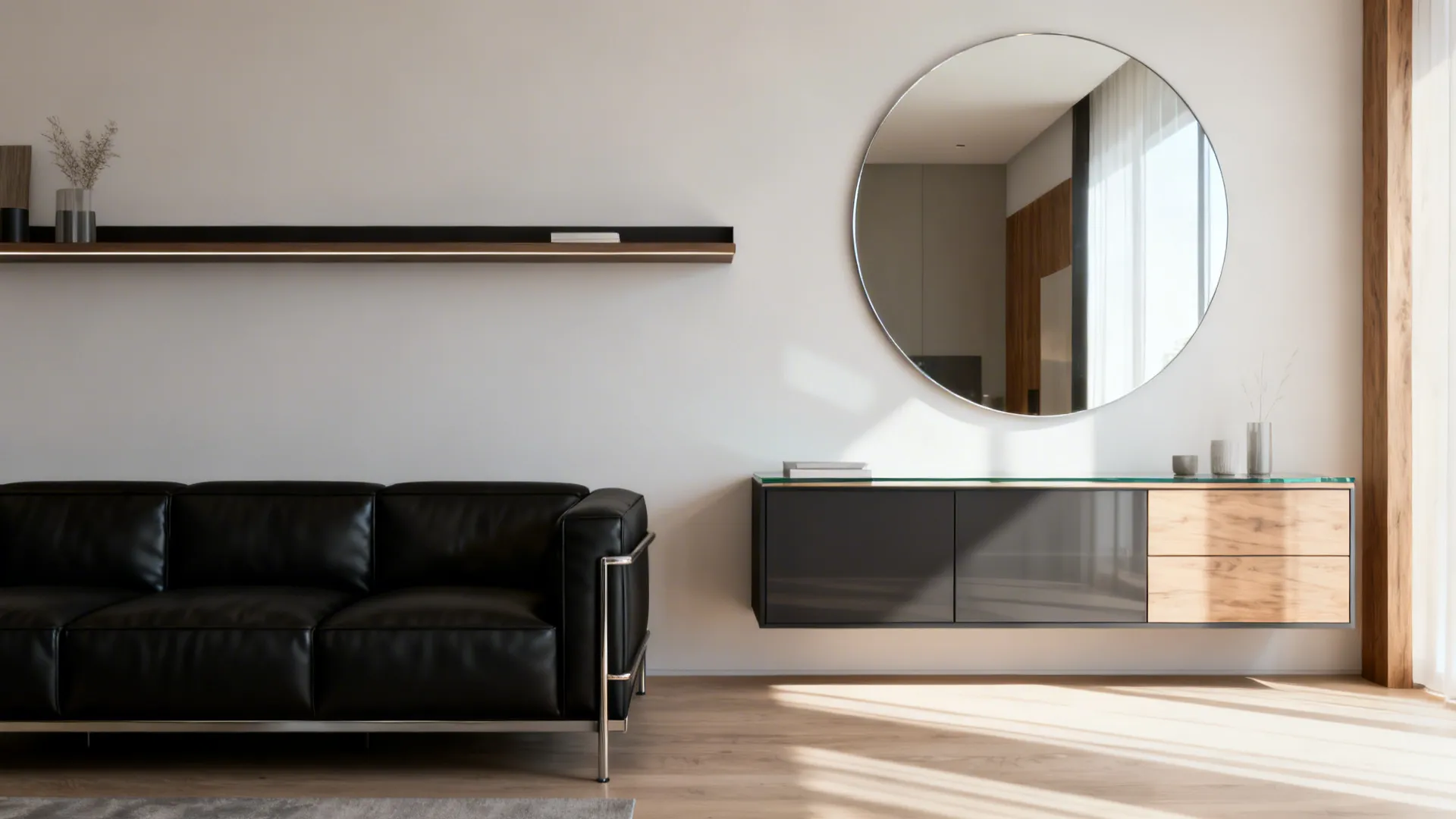 Black sofa in a bright room with light walls and a round mirror creating visual breathing room