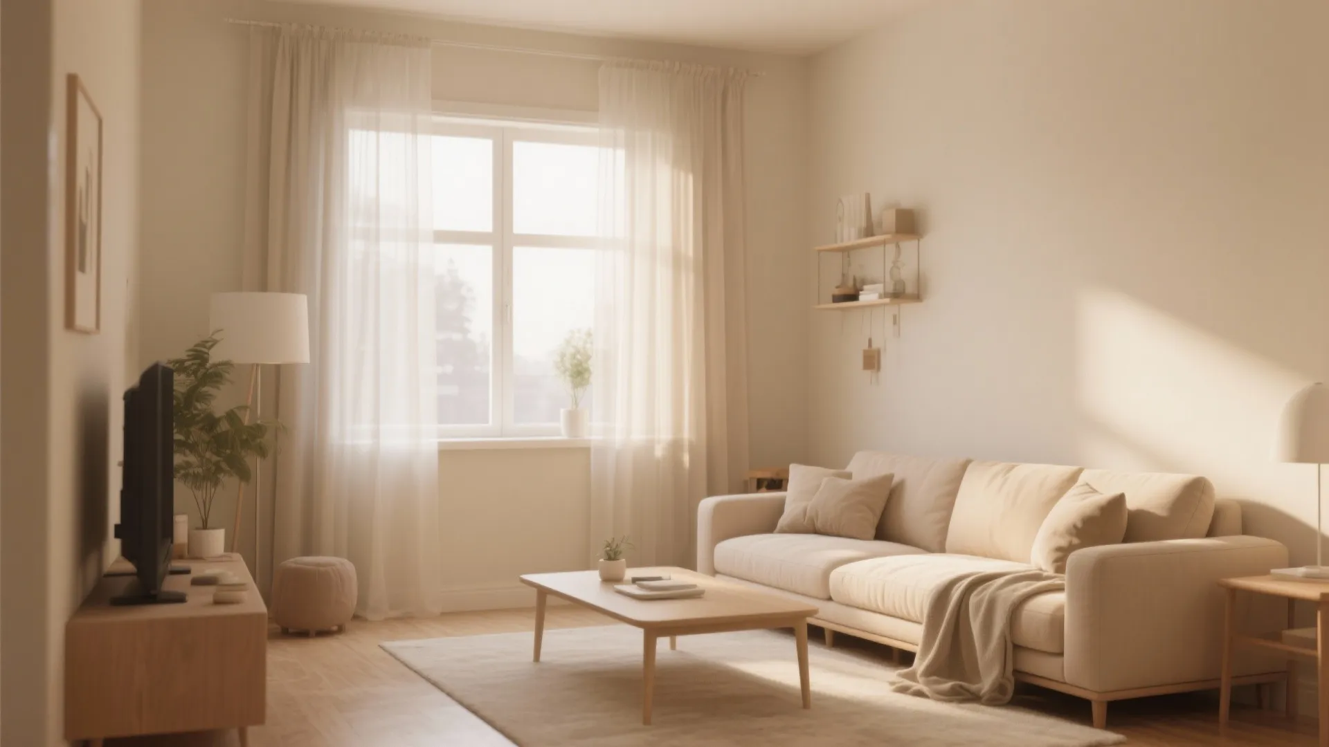 Warm living room with cream sofa wooden coffee table white curtains floor lamp and plants