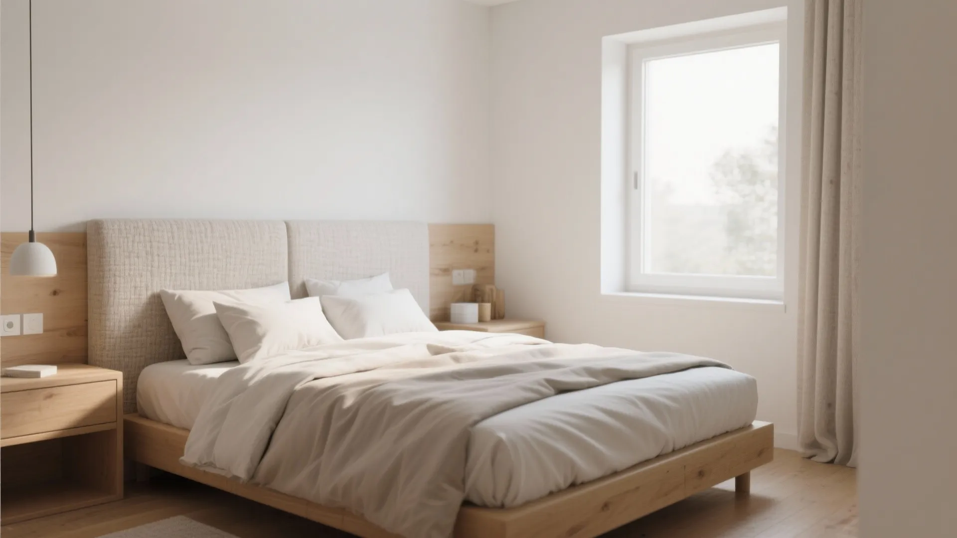 Minimalist bedroom with wood bed frame white walls large window and natural light for cozy feel
