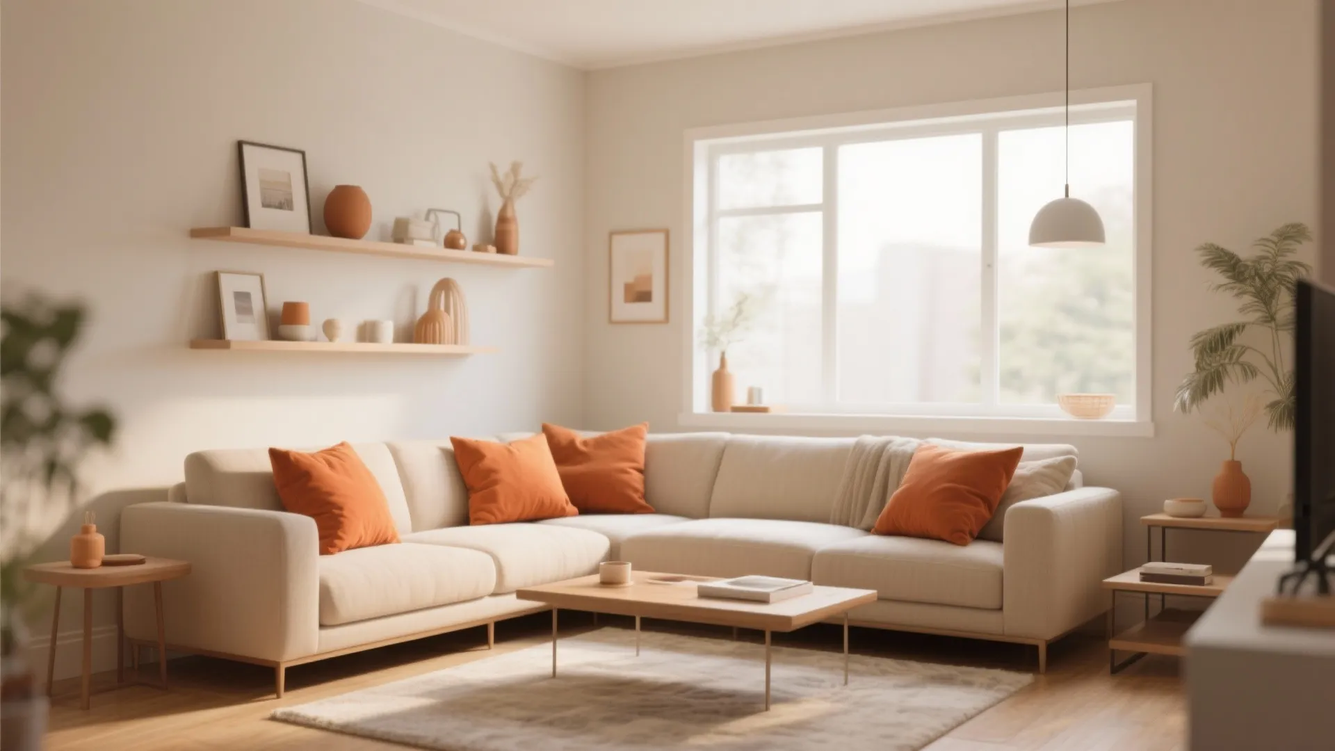 Cozy living room with cream sofa orange pillows wall shelves wooden coffee table and ceiling light