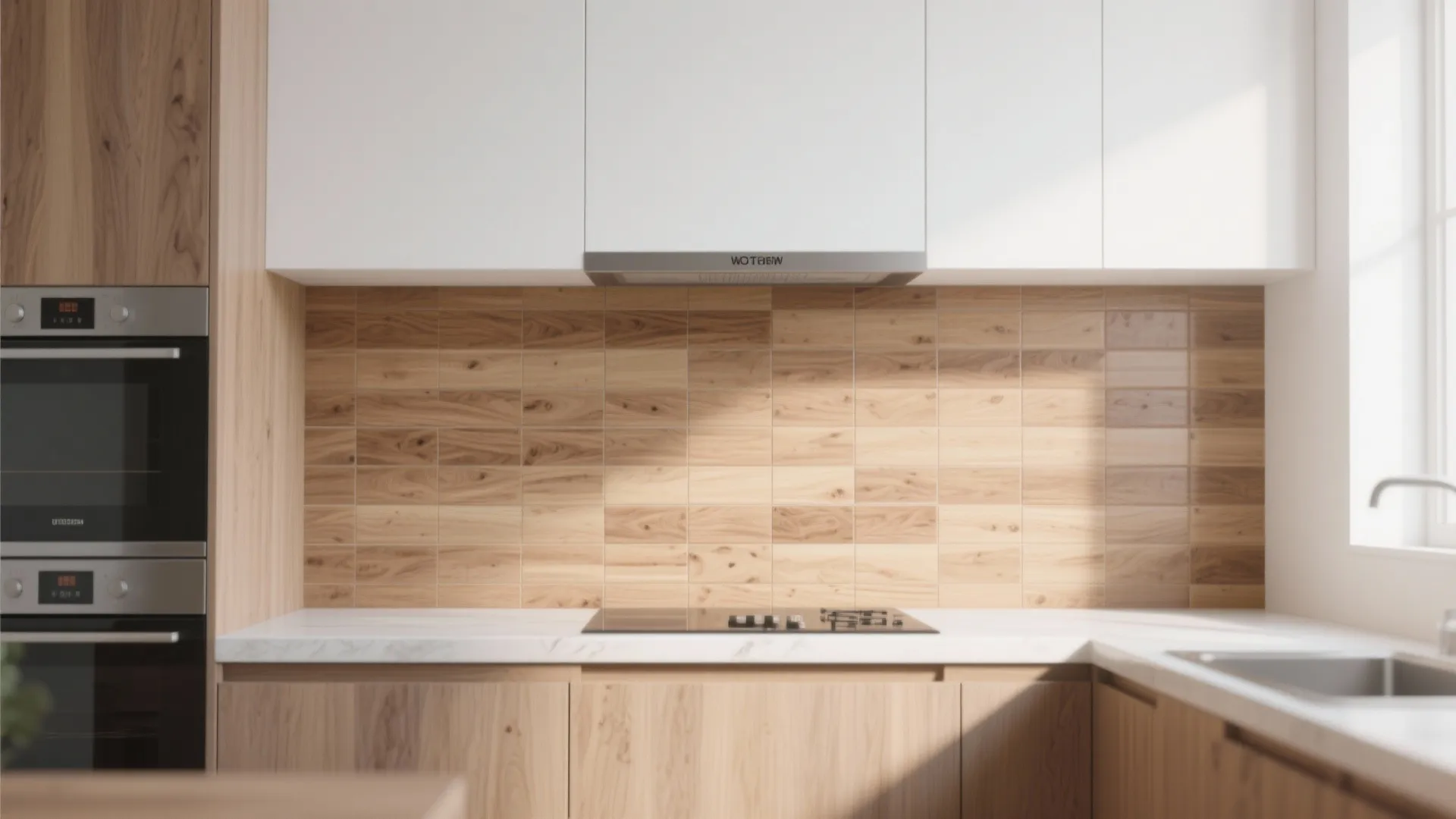 Kitchen interior design drawing showing light walnut wall panels white cabinets marble countertop and built-in oven