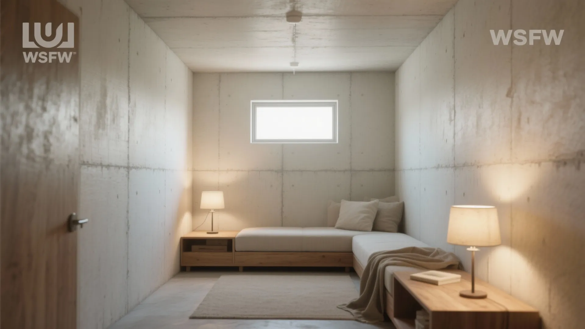 Minimalist small bedroom with concrete walls wooden corner sofa warm table lamps and tiny window
