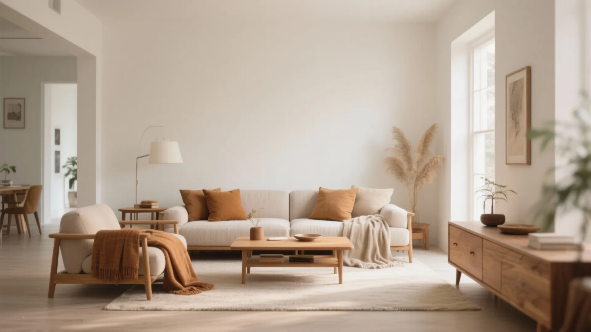 Minimalist living room with beige sofa orange pillows wooden coffee table and a white floor lamp