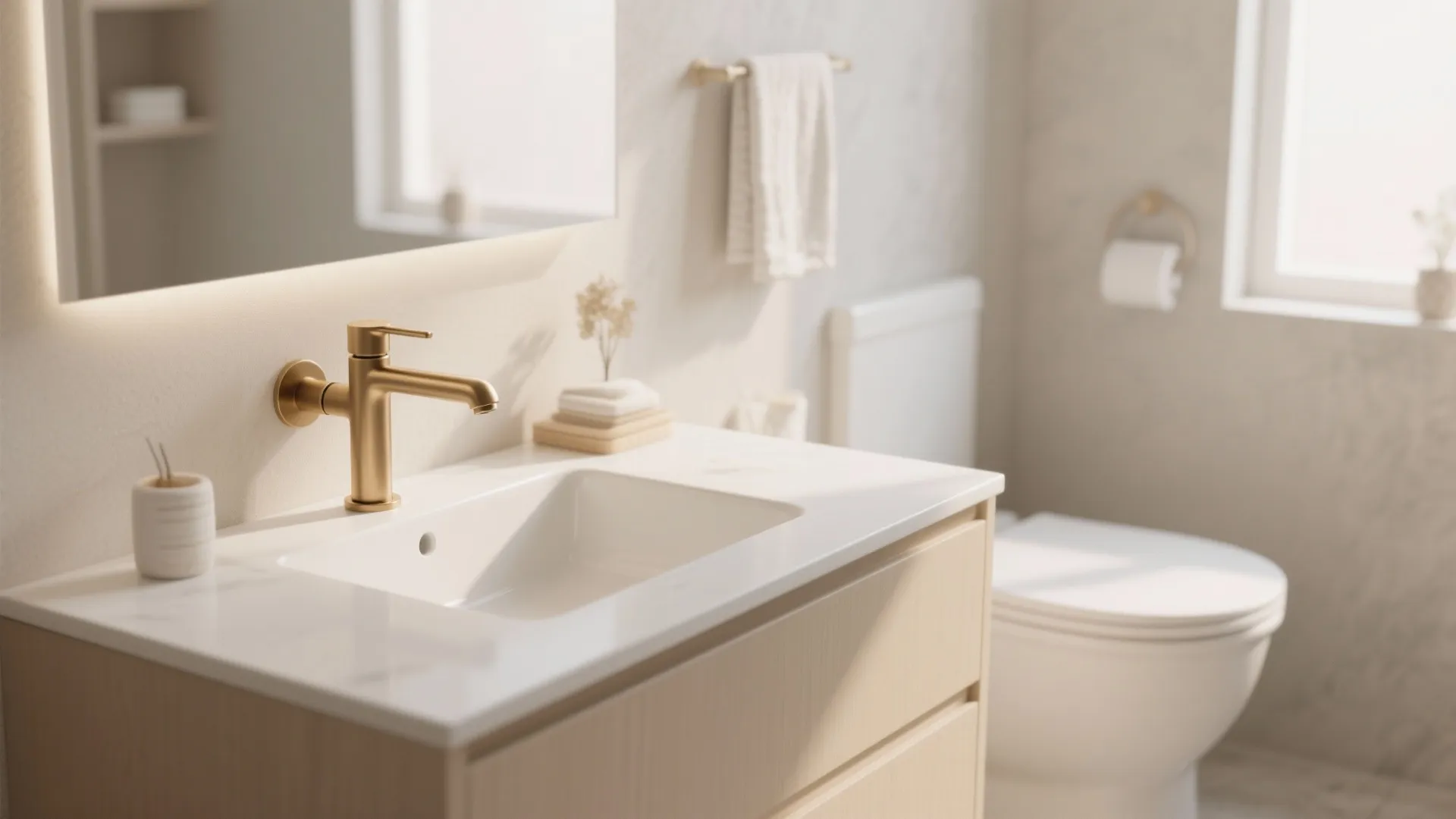 Modern bathroom sink with gold faucet on wooden cabinet next to a white ceramic toilet