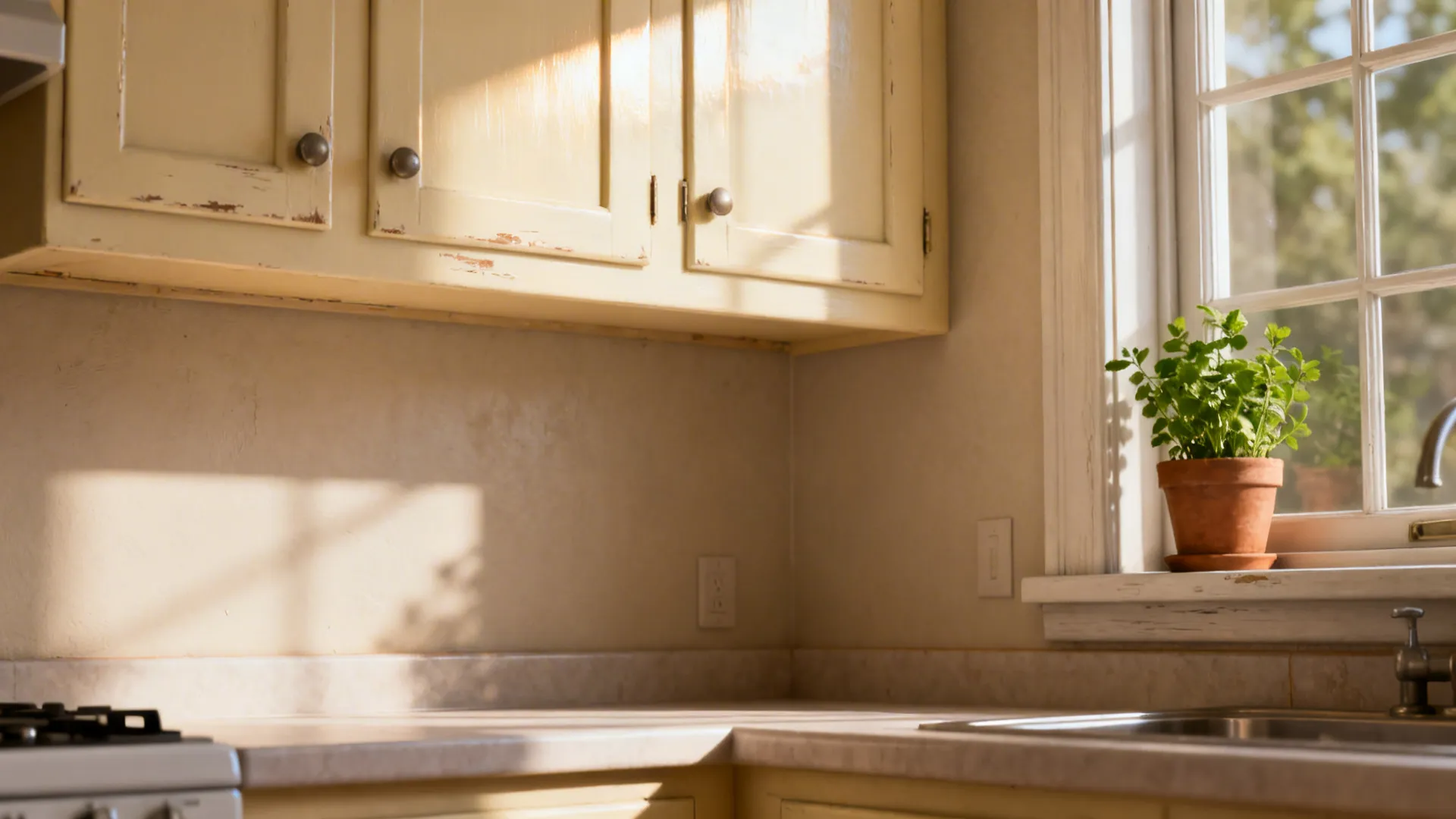 Close up of cream kitchen cabinets under warm sunlight near a window with green plant