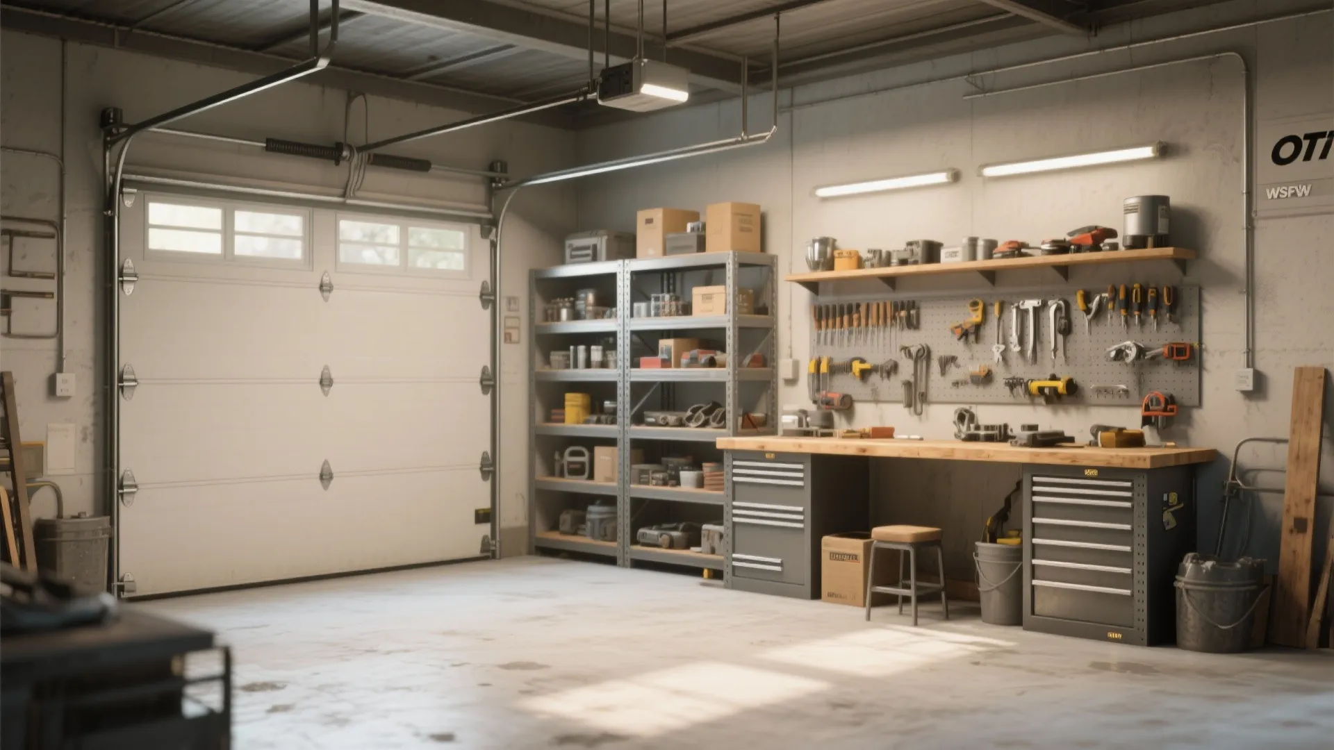 Spacious garage workshop with grey storage shelves wooden work table tool organizer and large white door