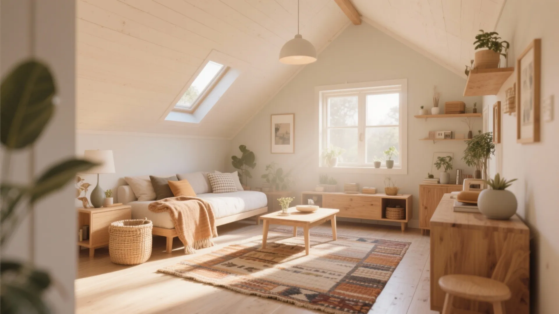 Light walls with warm wood and textile accents in small home