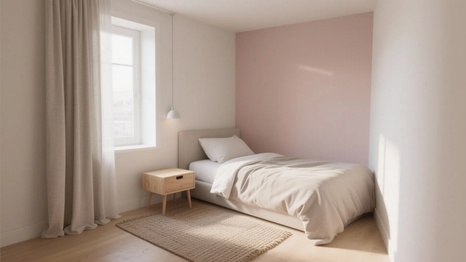 Minimalist bedroom featuring pink wall wood side table white bed beige curtains and natural light