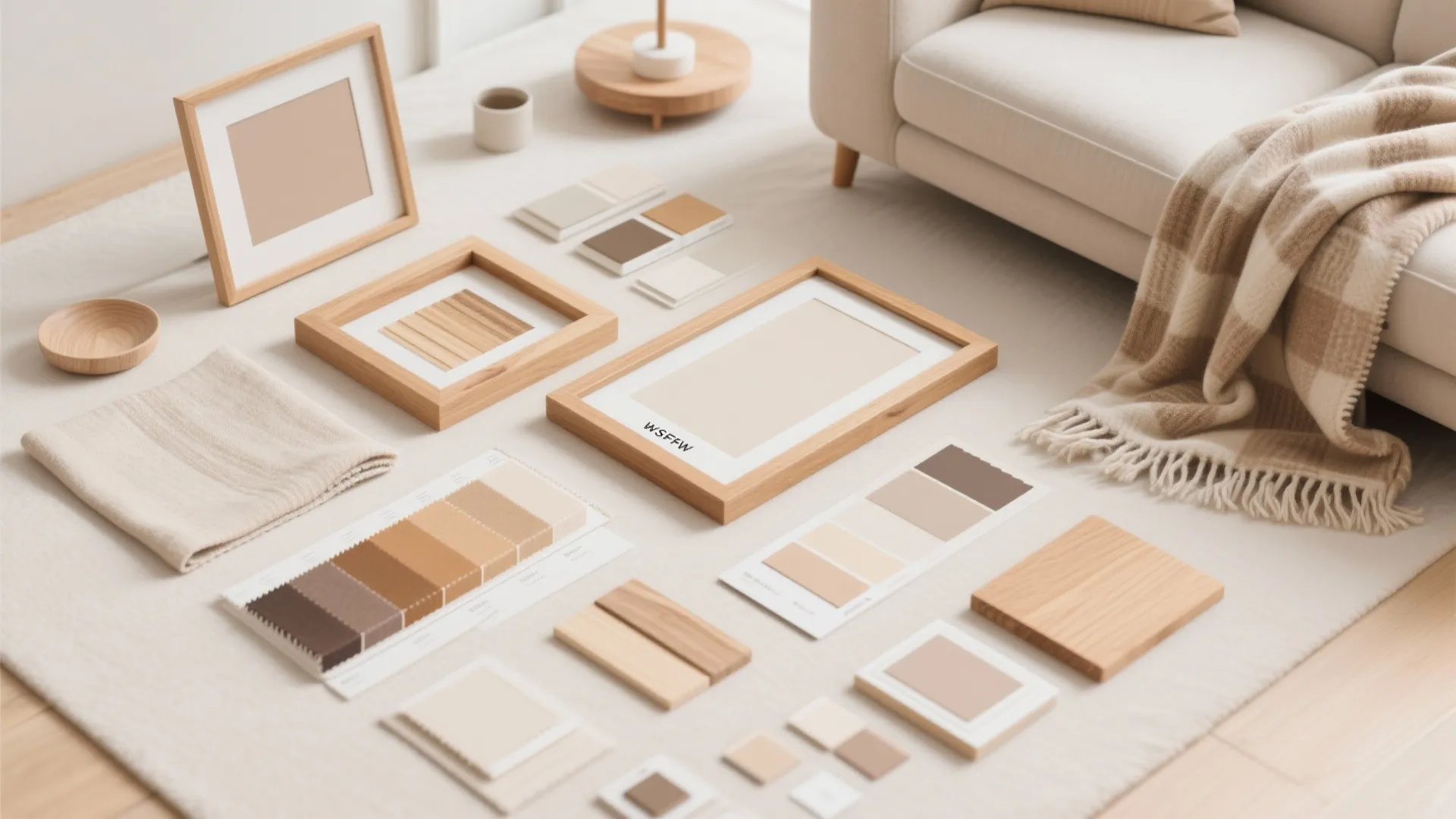Interior design mood board on floor with wood frames fabric samples color swatches and sofa
