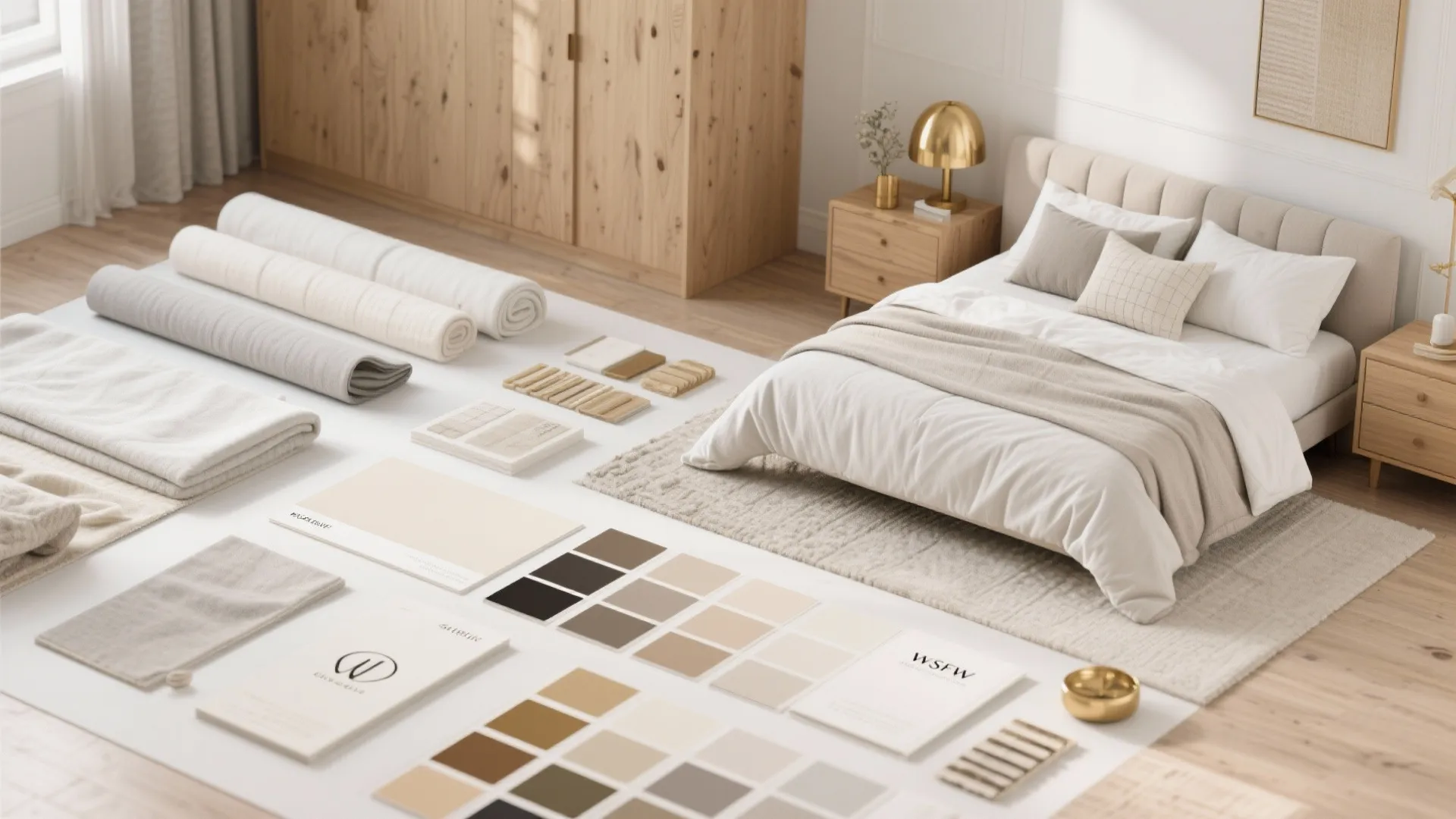 Warm neutral material swatches for a small bedroom design