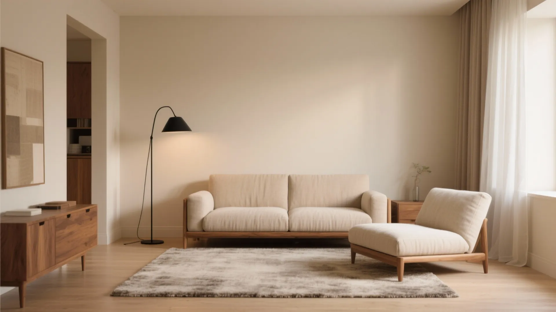 Minimalist living room with cream sofa wooden cabinet black floor lamp and soft grey rug