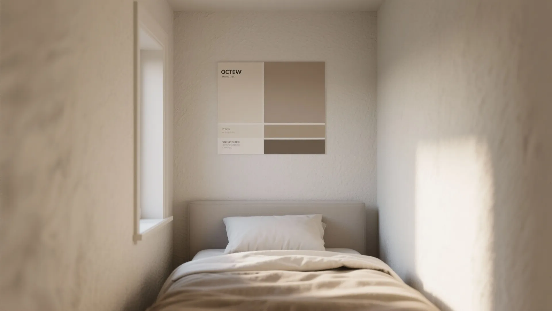 Small minimalist bedroom with white bed and beige paint color palette on the white wall