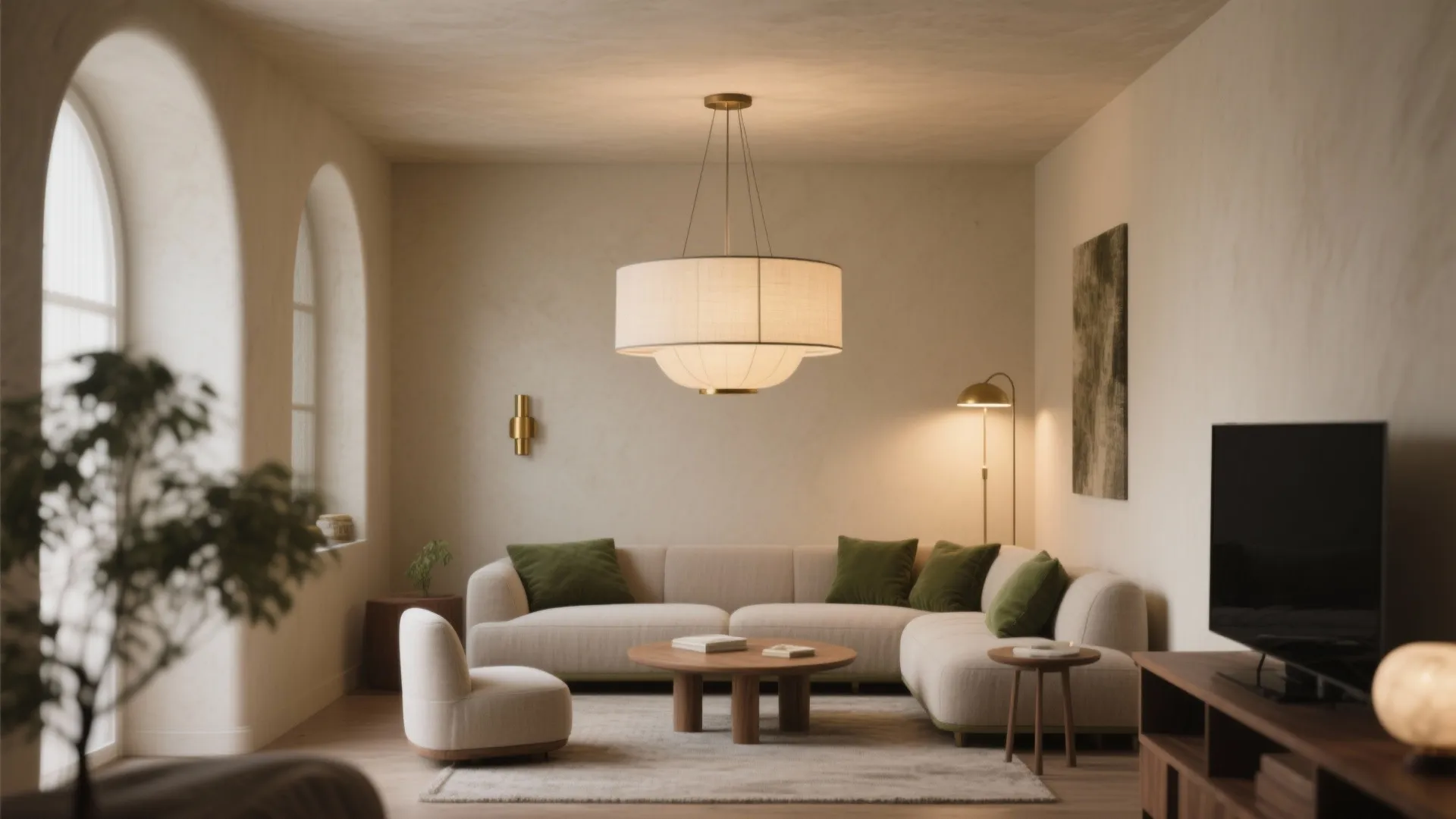 Small living room with linen drum pendant and brass sconce in warm light