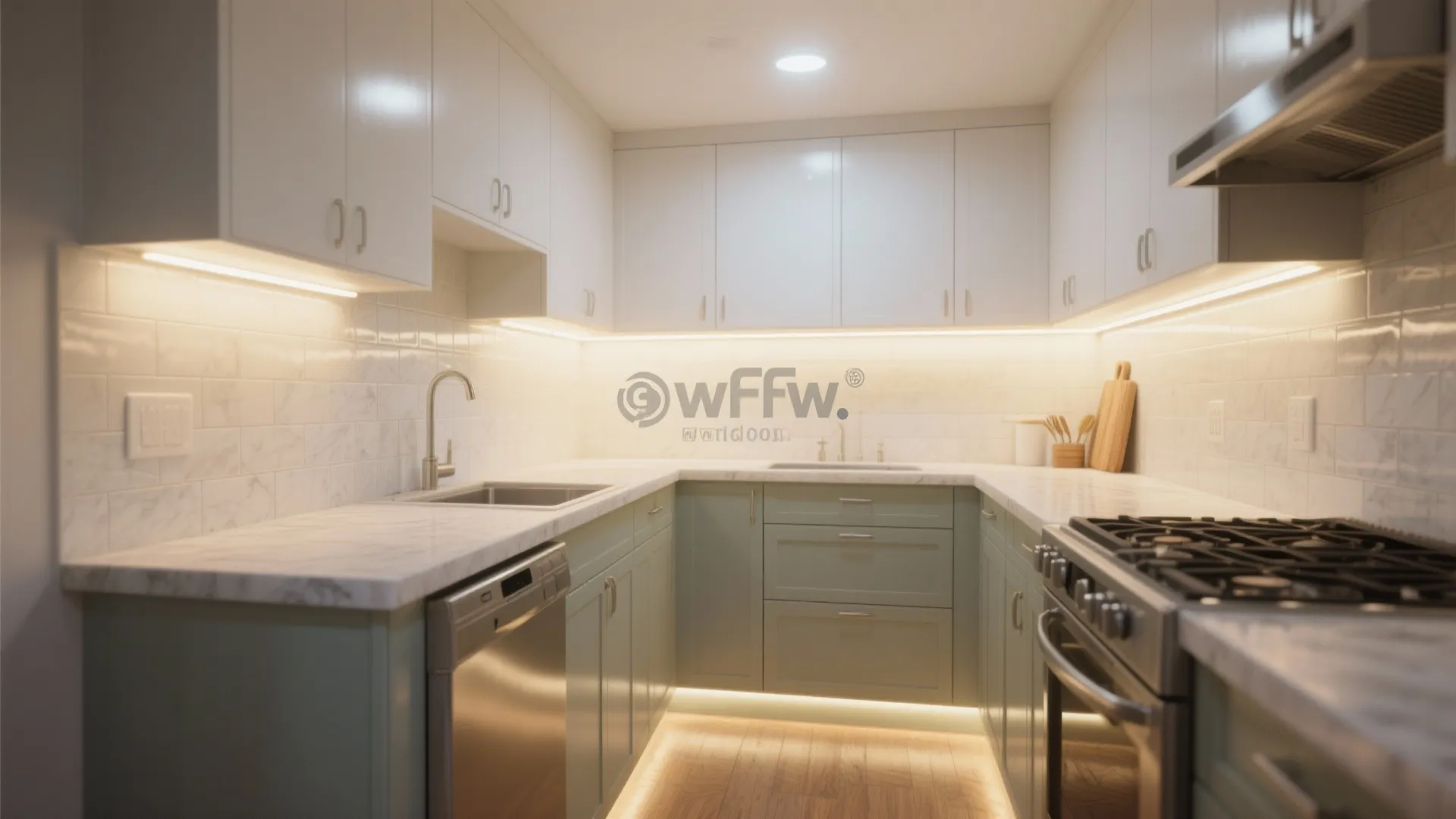 Layered lighting and a glossy backsplash in a compact kitchen that appears wider and brighter.