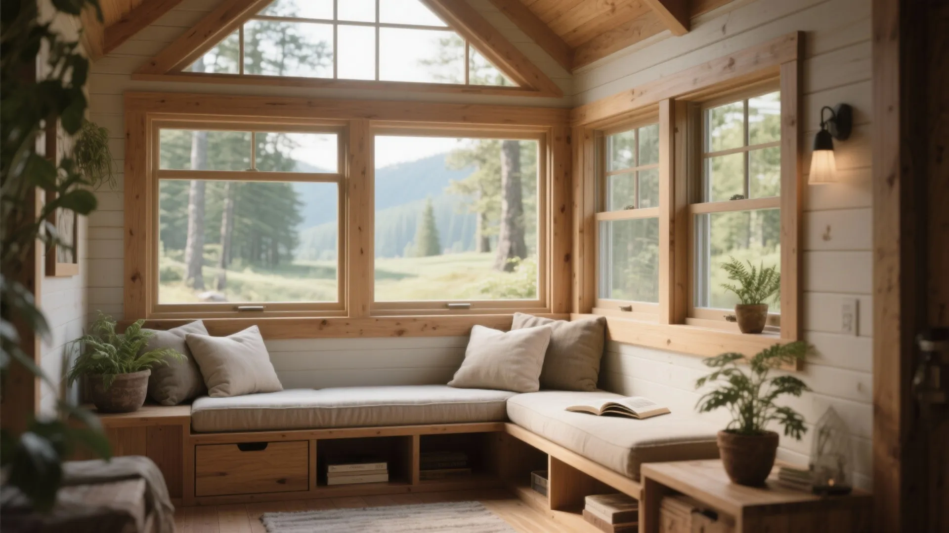 Cozy corner window seat with grey cushions indoor plants and a view of the forest
