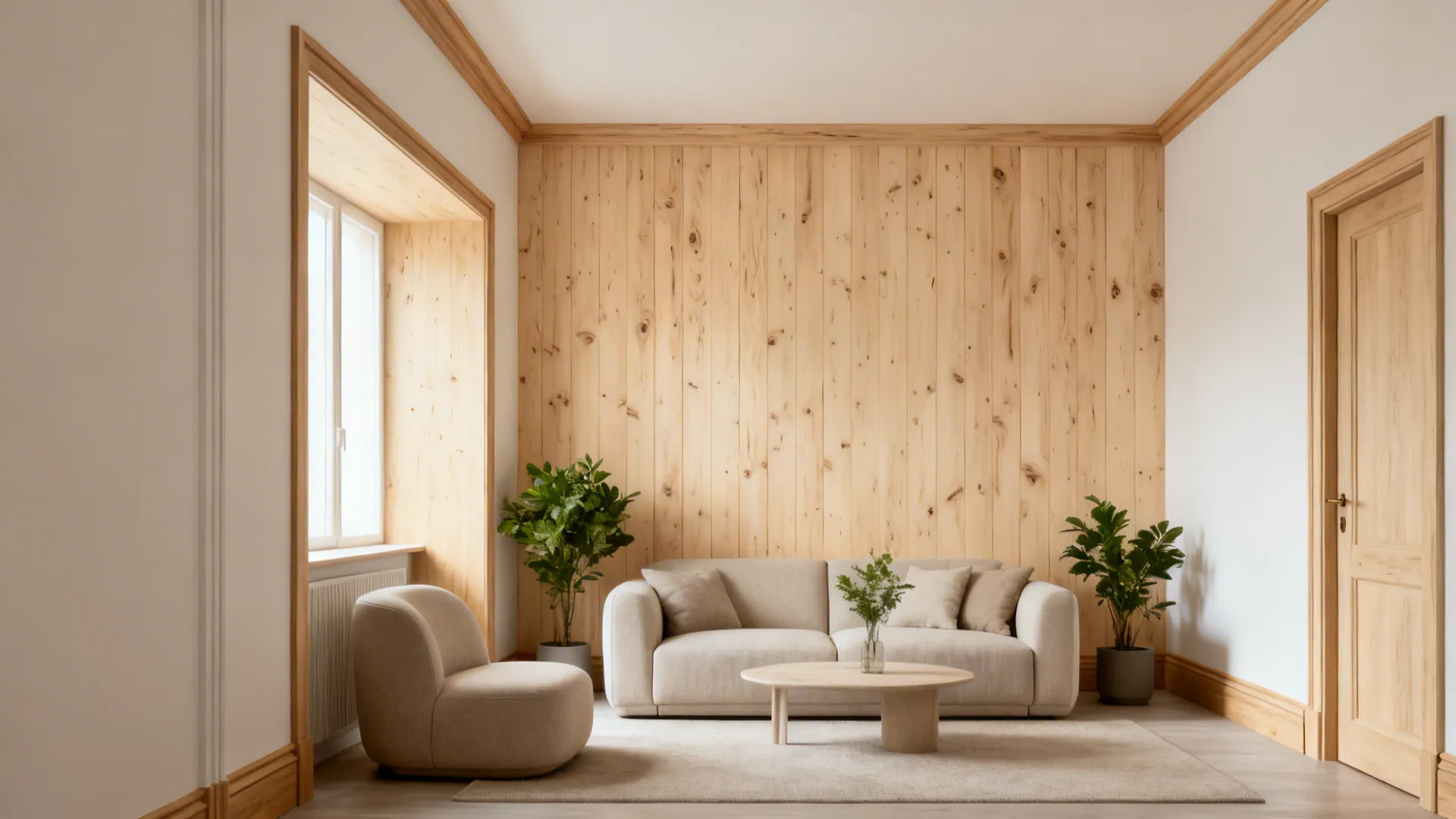 Small living room with slim light-wood trims and a birch panel adding warm texture.