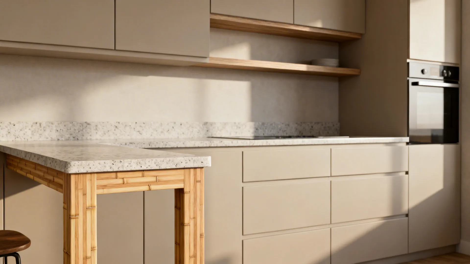 Modern kitchen with light wood legs stone countertop beige cabinets wall shelves and black oven