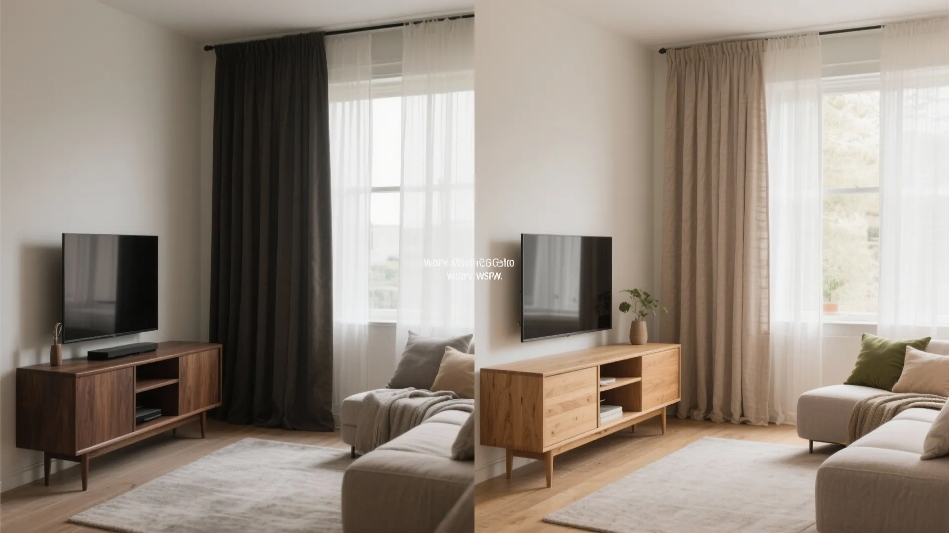 Side by side comparison of living rooms with dark curtains versus light beige window curtains