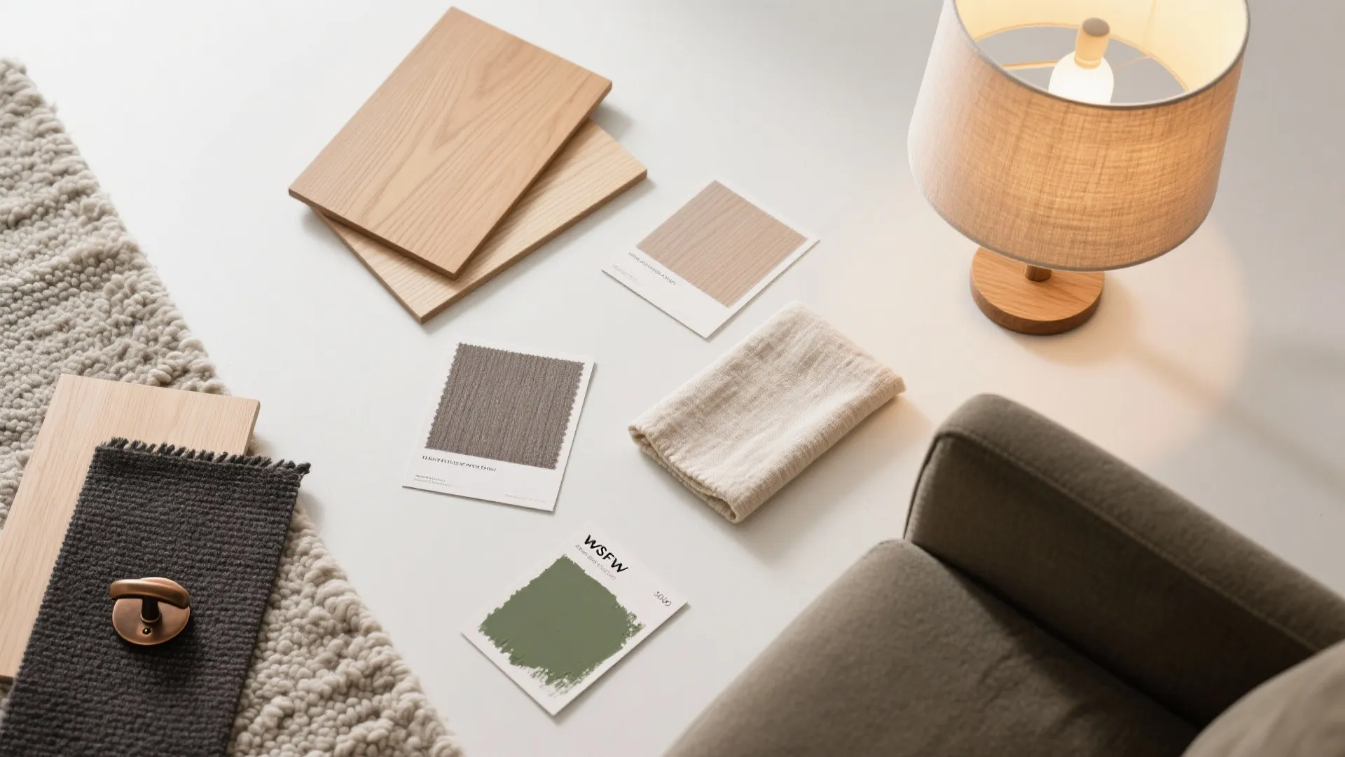 Interior design mood board with wood samples fabric swatches paint cards and a table lamp