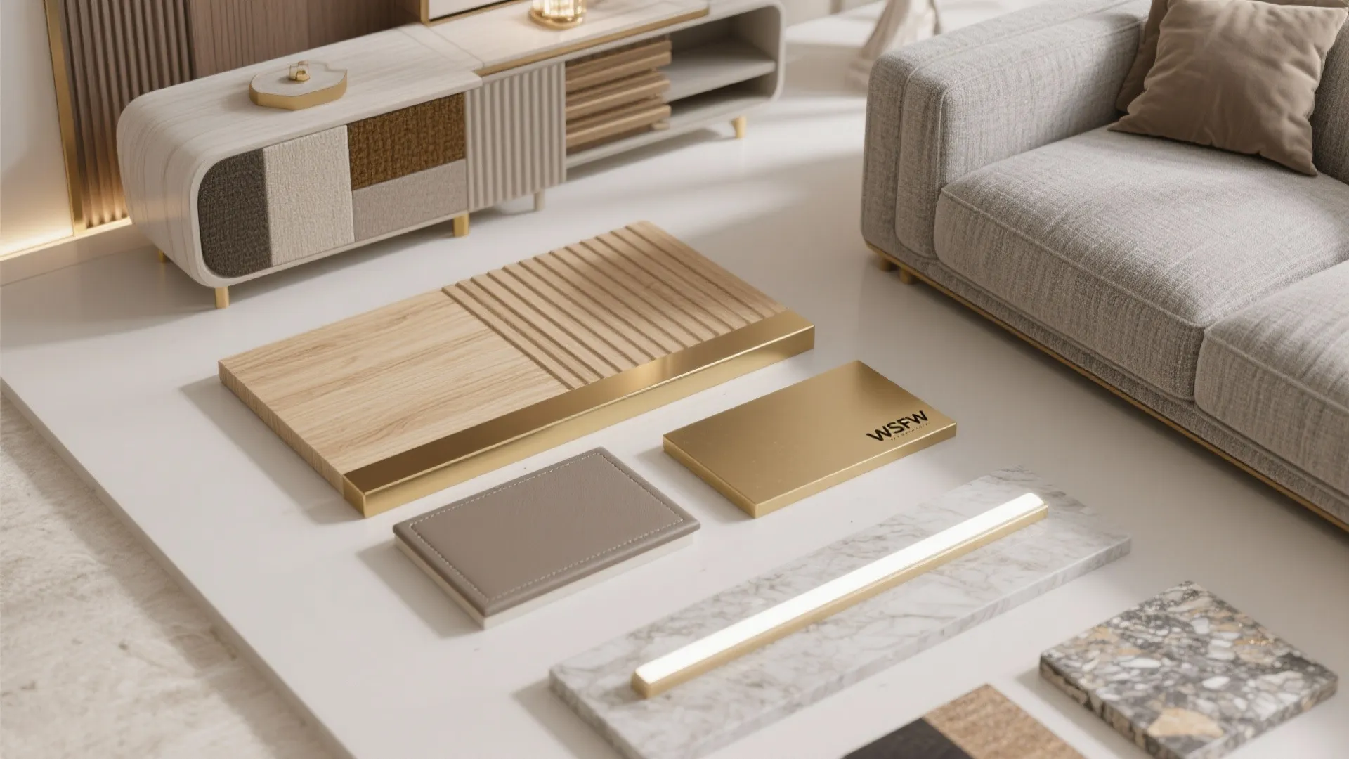 Light natural wood with brass accents