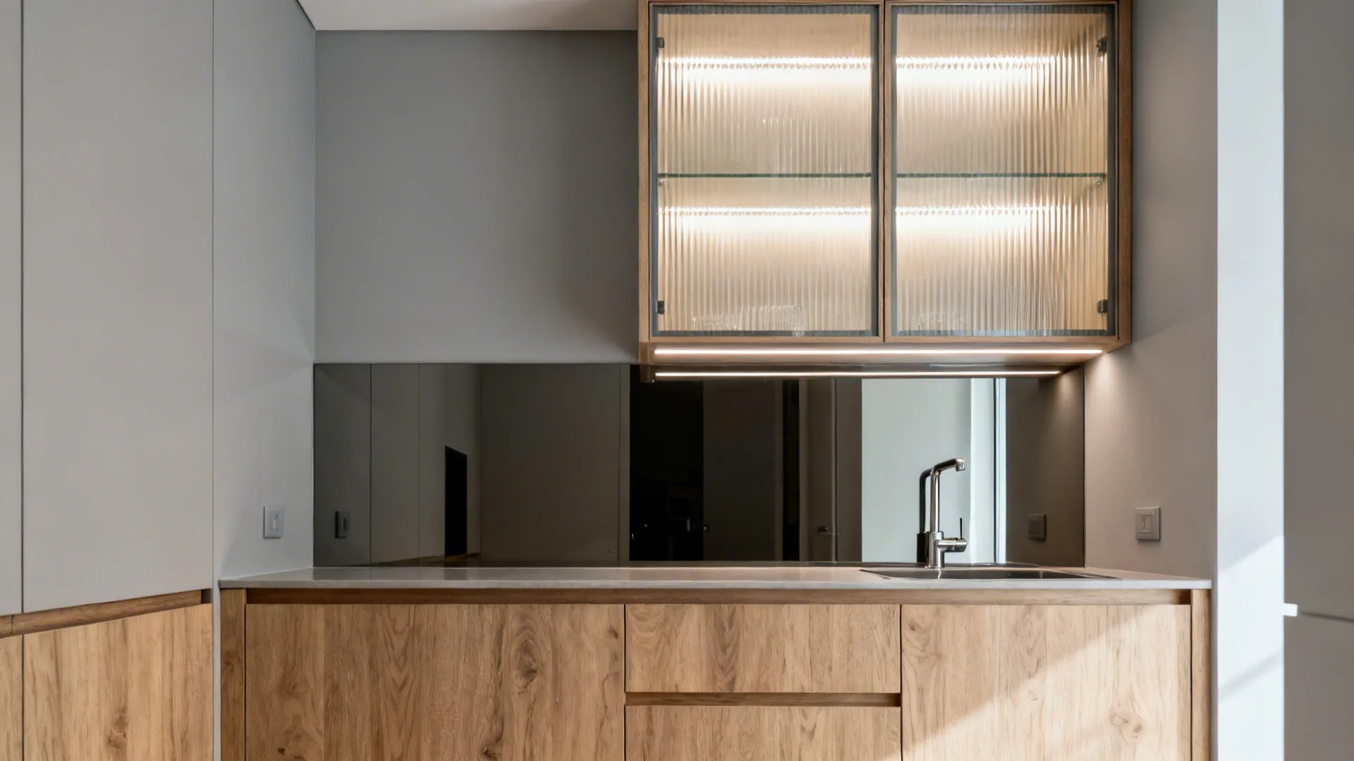 Modern kitchen with wood cabinets glass wall light fixture above sink and a grey wall