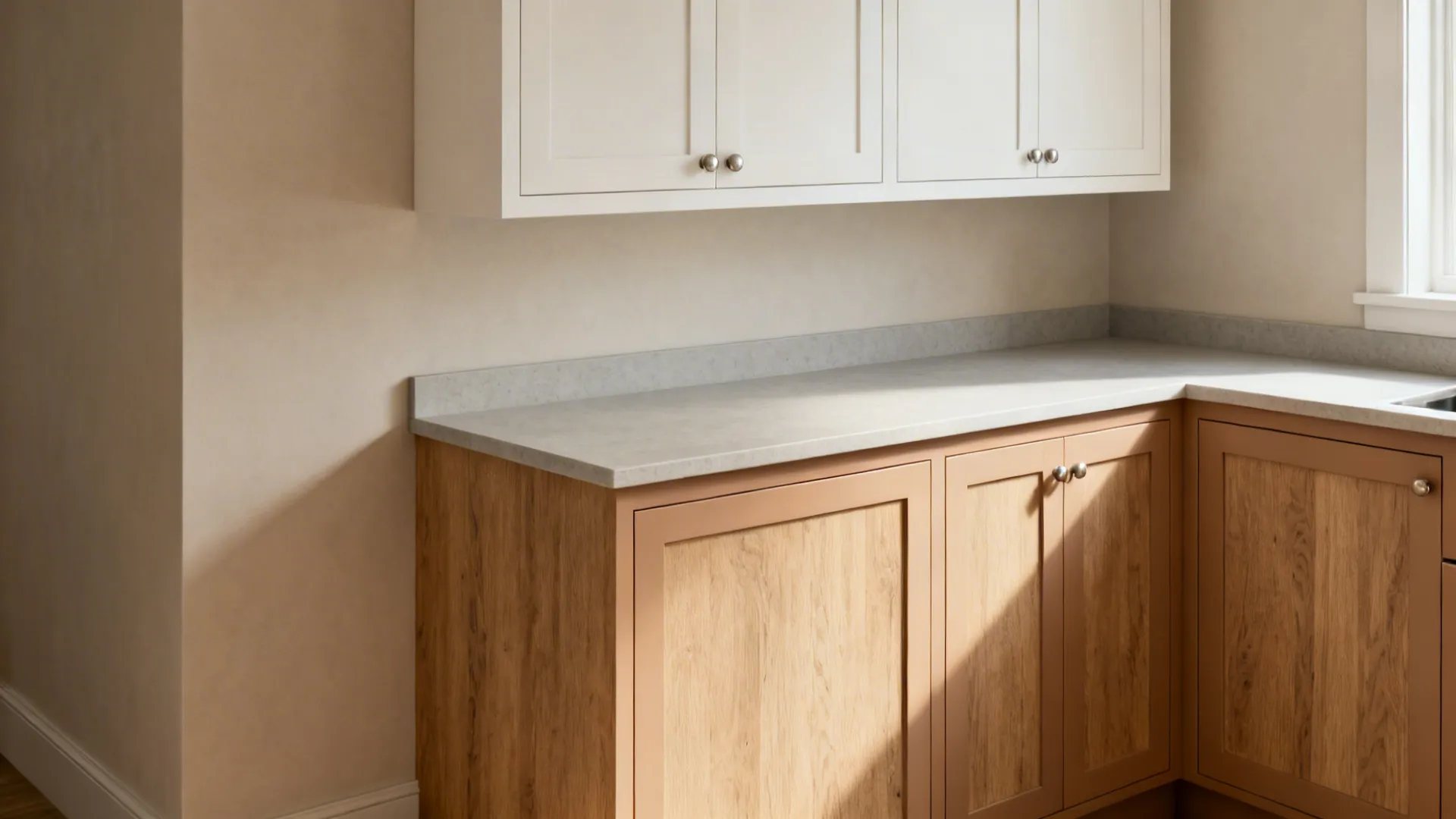 Small kitchen with matte rift-sawn oak base cabinets, painted white uppers, and a pale countertop.